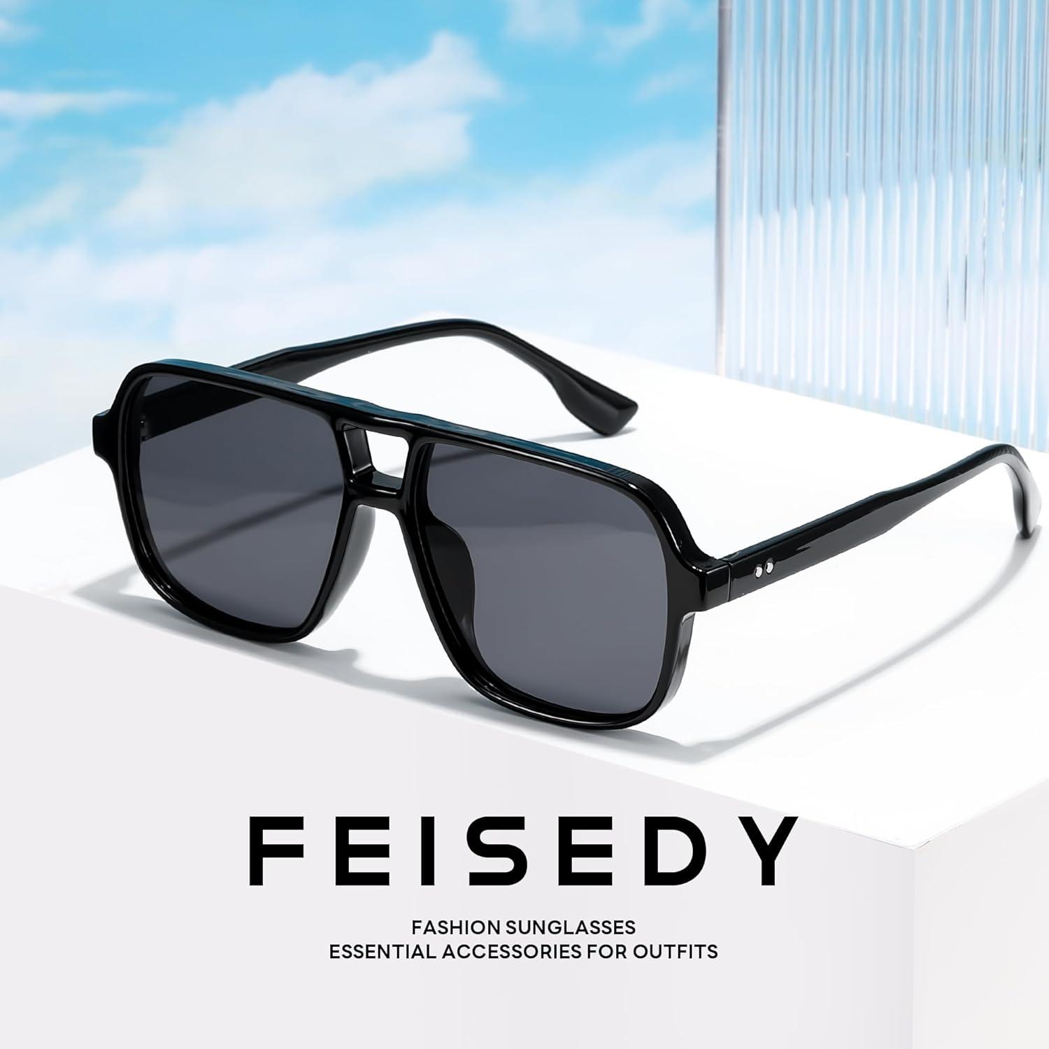 image:imageFEISEDY Retro Square Aviator Sunglasses Women Men 70s Vintage Trendy Plastic Frame Sun Glasses B4158Black 02
