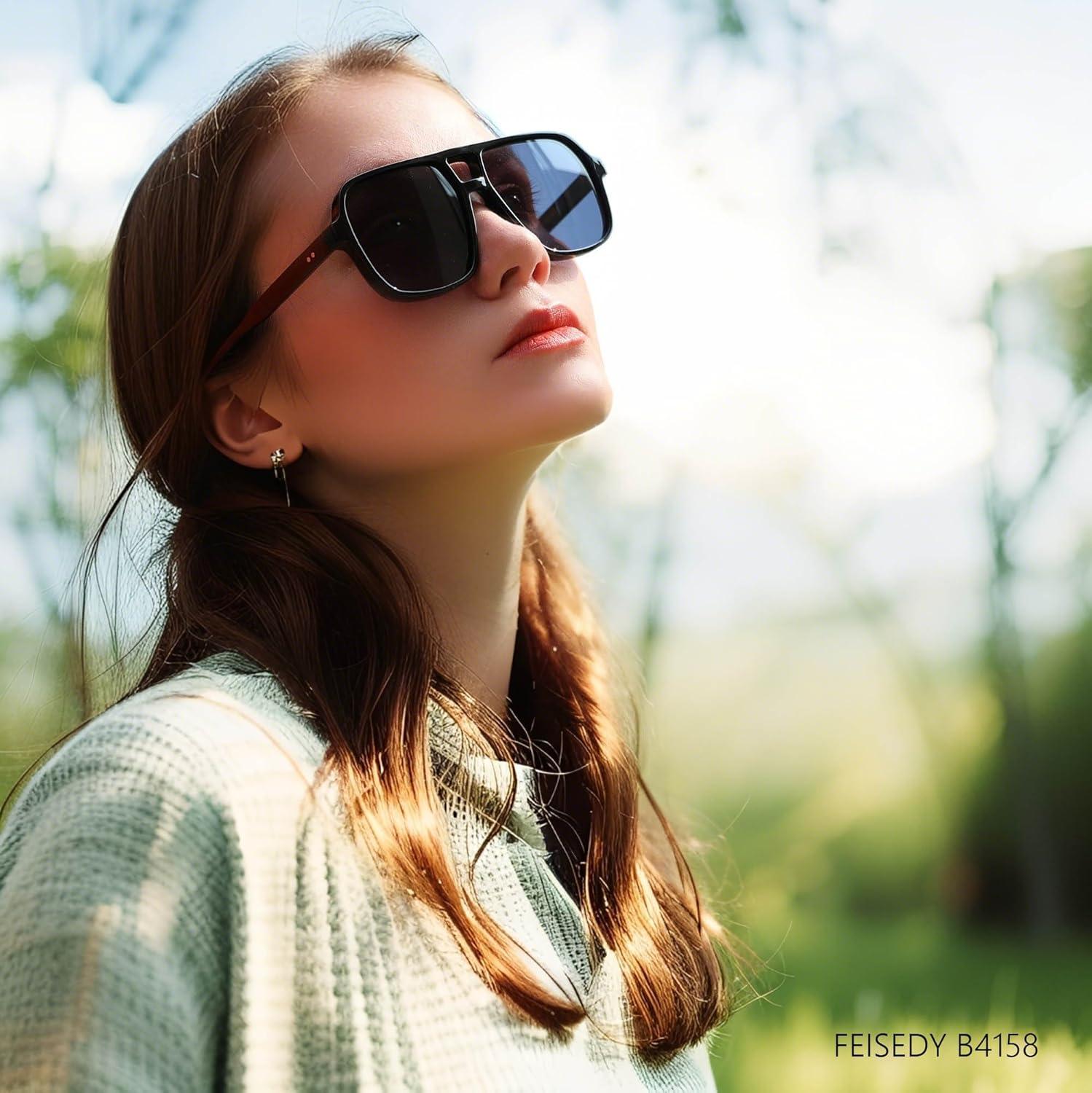image:imageFEISEDY Retro Square Aviator Sunglasses Women Men 70s Vintage Trendy Plastic Frame Sun Glasses B4158Black 02
