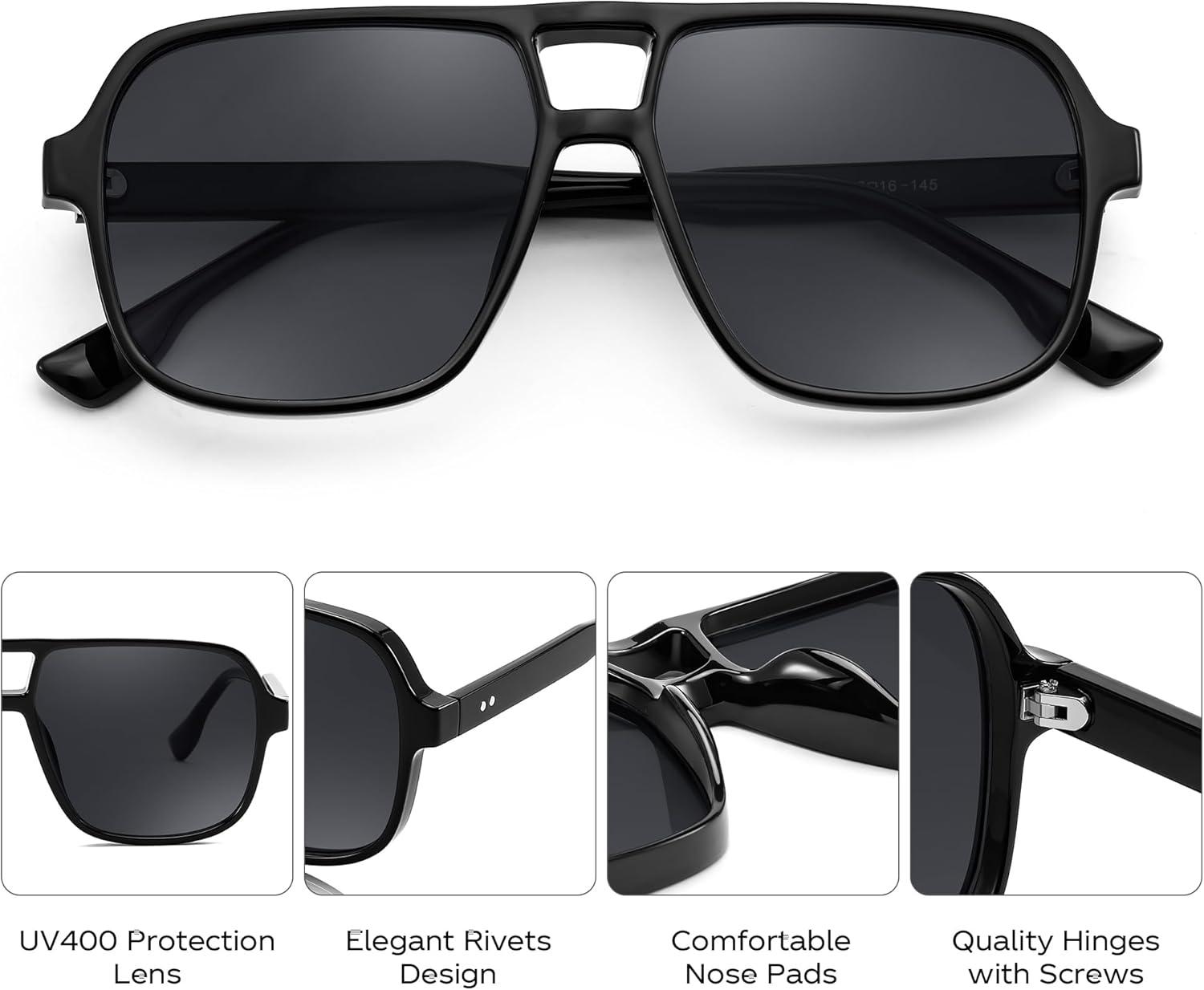 image:imageFEISEDY Retro Square Aviator Sunglasses Women Men 70s Vintage Trendy Plastic Frame Sun Glasses B4158Black 02
