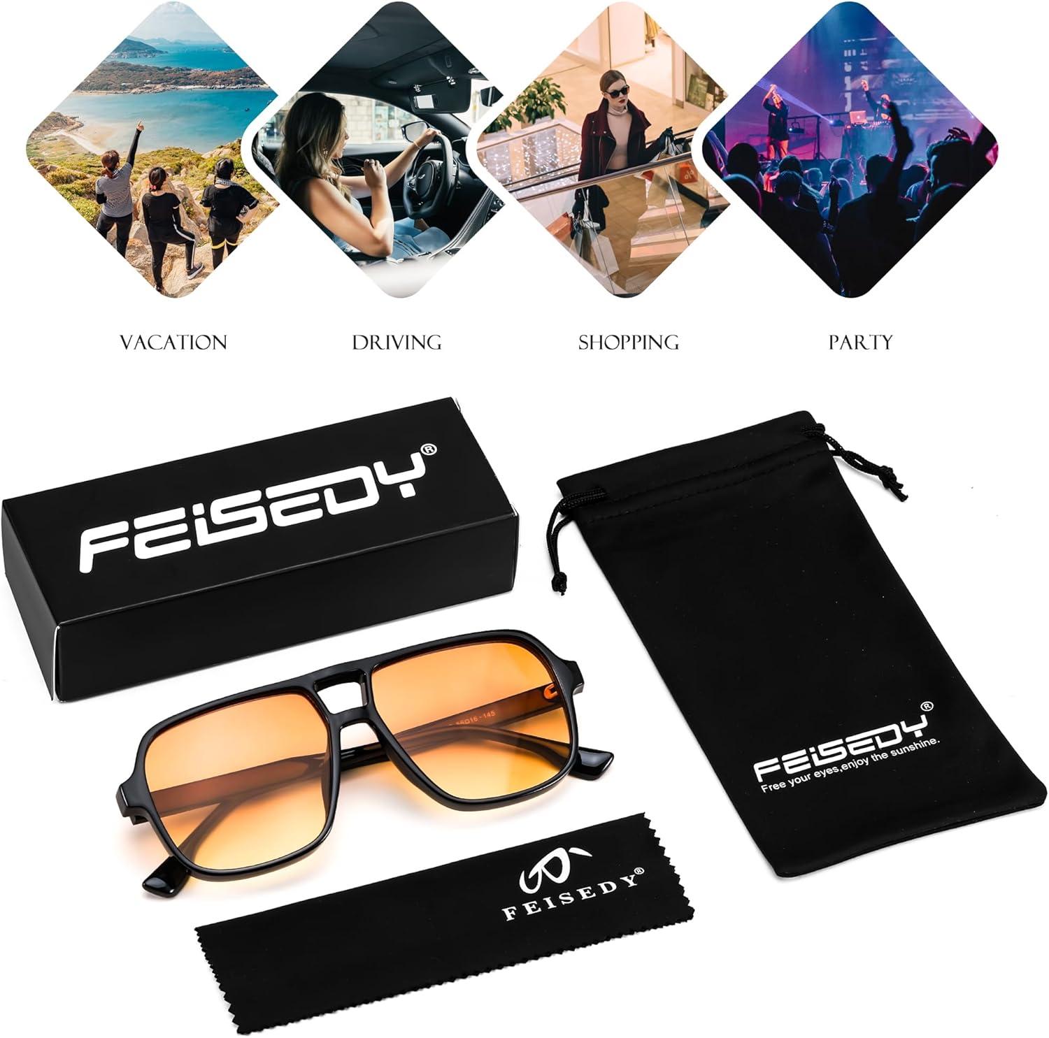 image:imageFEISEDY Retro Square Aviator Sunglasses Women Men 70s Vintage Trendy Plastic Frame Sun Glasses B4158Black FrameYellow Lens