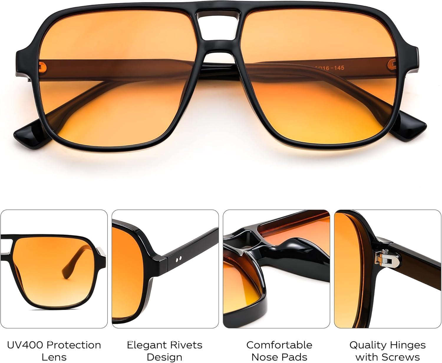 image:imageFEISEDY Retro Square Aviator Sunglasses Women Men 70s Vintage Trendy Plastic Frame Sun Glasses B4158Black FrameYellow Lens