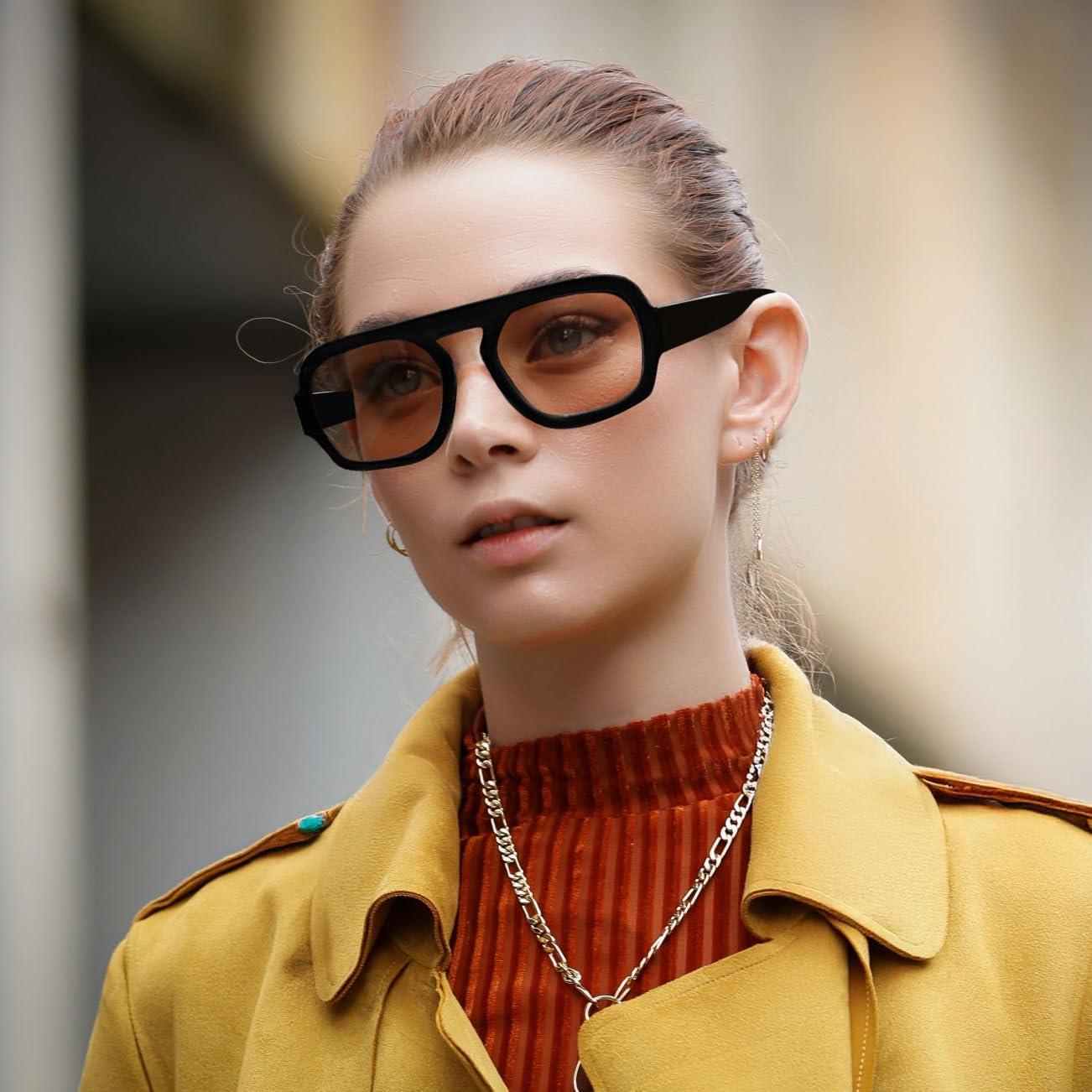 image:imageFEISEDY Retro Square Aviator Sunglasses Women Men 70s Vintage Trendy Plastic Frame Sun Glasses B4158BlackChampage