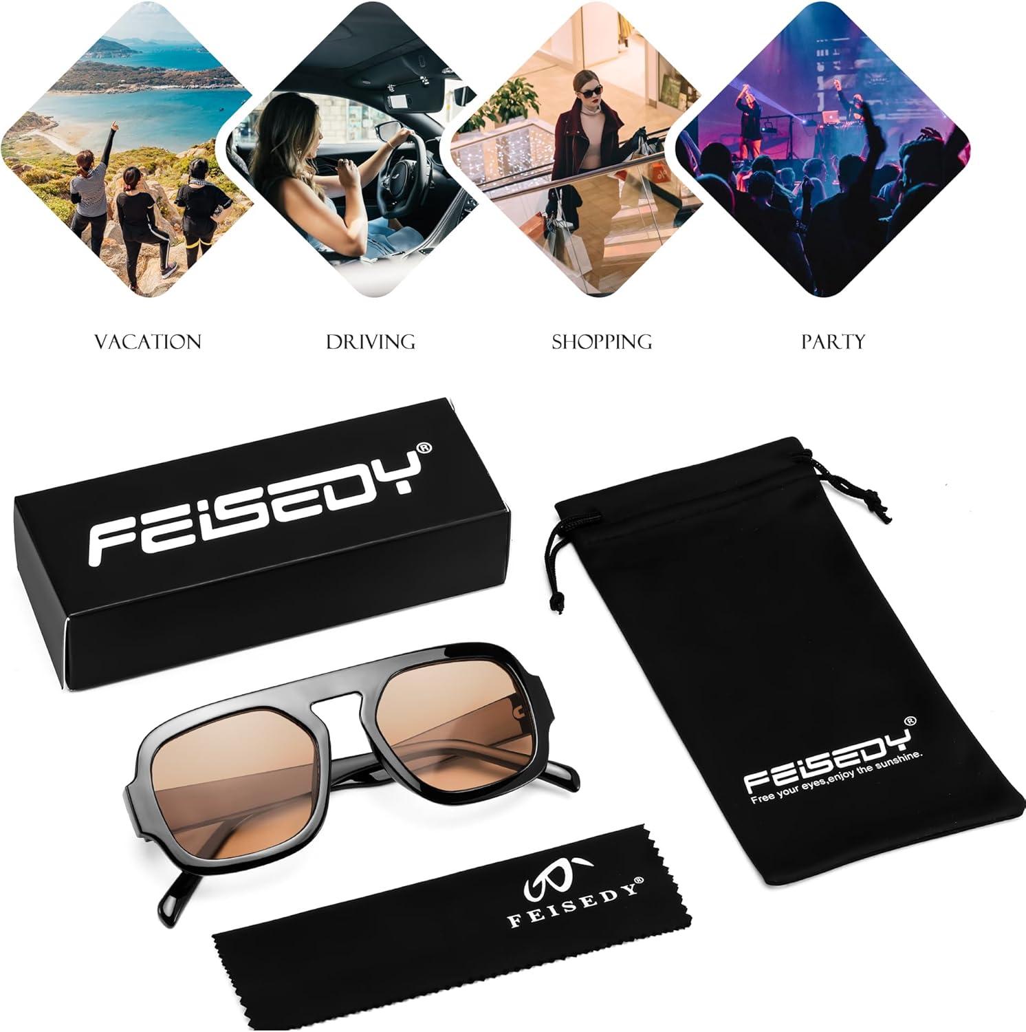 image:imageFEISEDY Retro Square Aviator Sunglasses Women Men 70s Vintage Trendy Plastic Frame Sun Glasses B4158BlackChampage