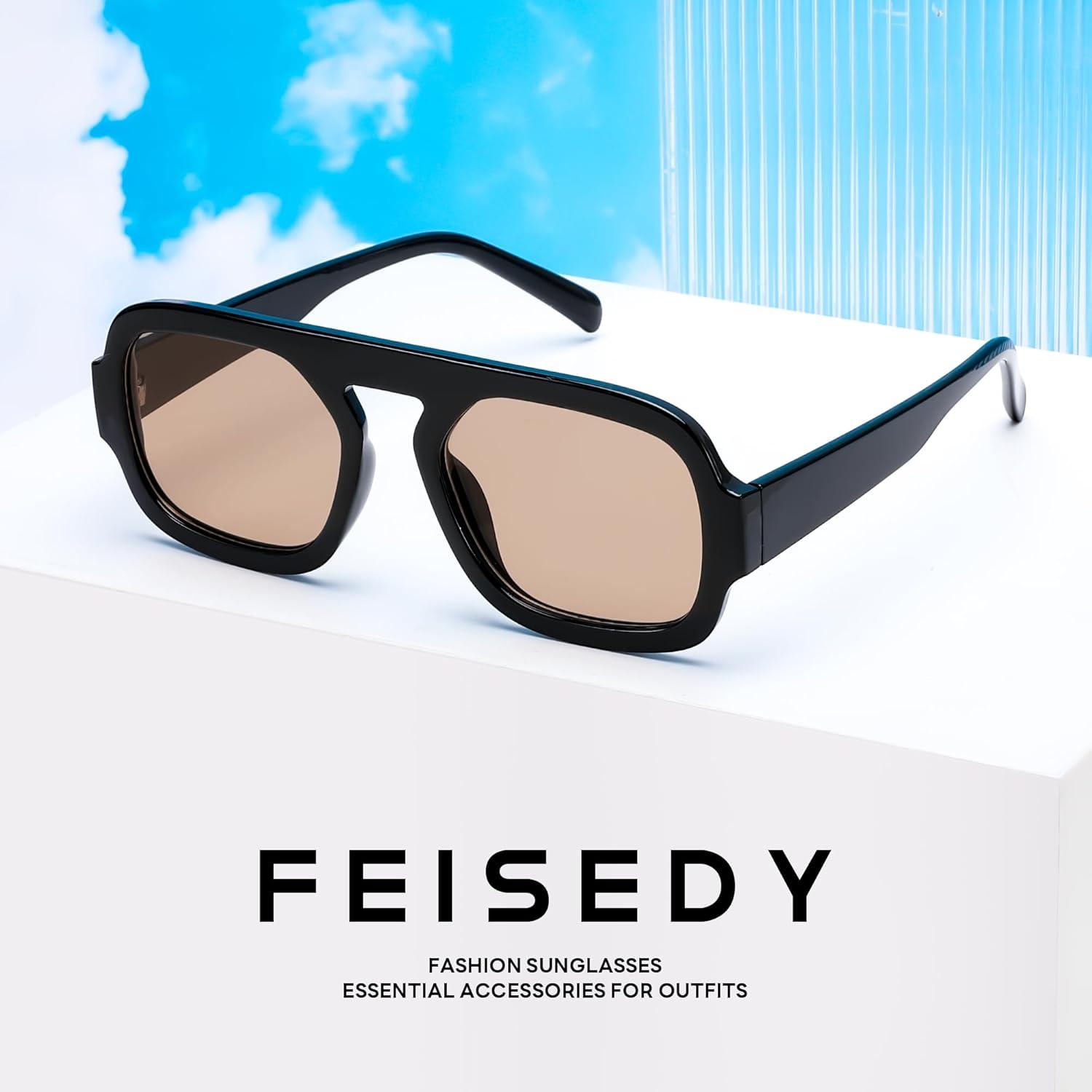 image:imageFEISEDY Retro Square Aviator Sunglasses Women Men 70s Vintage Trendy Plastic Frame Sun Glasses B4158BlackChampage