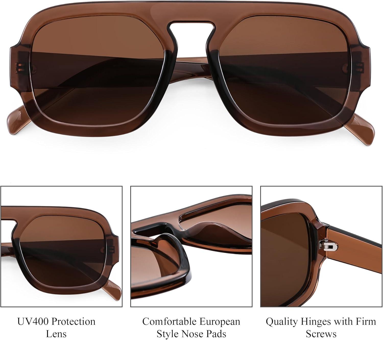 image:imageFEISEDY Retro Square Aviator Sunglasses Women Men 70s Vintage Trendy Plastic Frame Sun Glasses B4158Brown