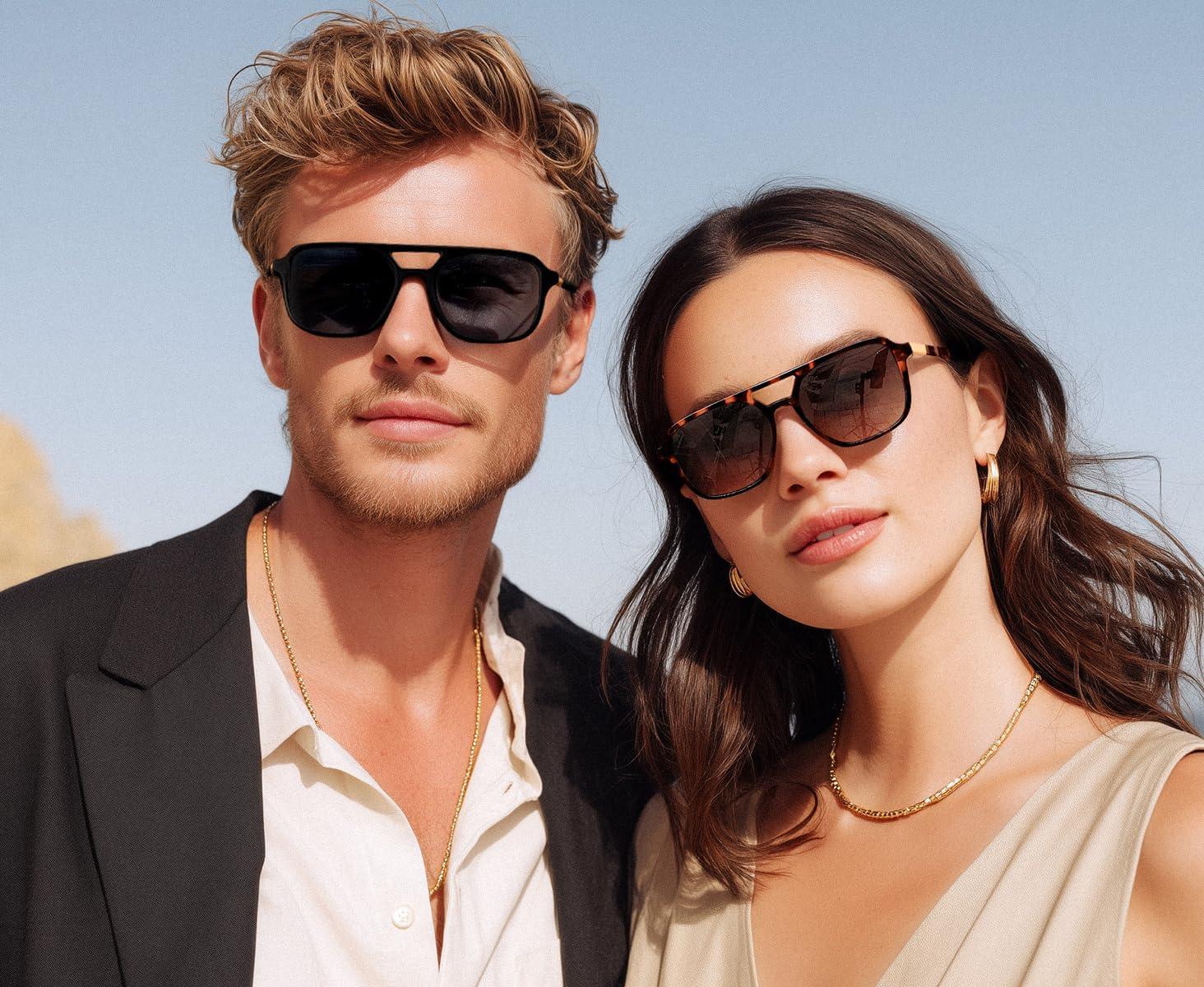image:imageFEISEDY Retro Square Aviator Sunglasses Women Men 70s Vintage Trendy Plastic Frame Sun Glasses B4158Brown Tortoise Black