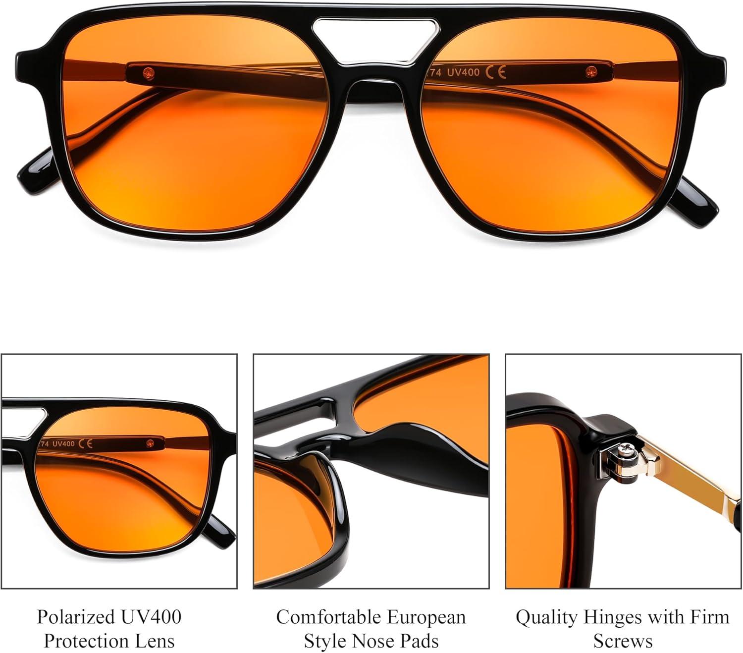 image:imageFEISEDY Retro Square Aviator Sunglasses Women Men 70s Vintage Trendy Plastic Frame Sun Glasses B4158Green Orange