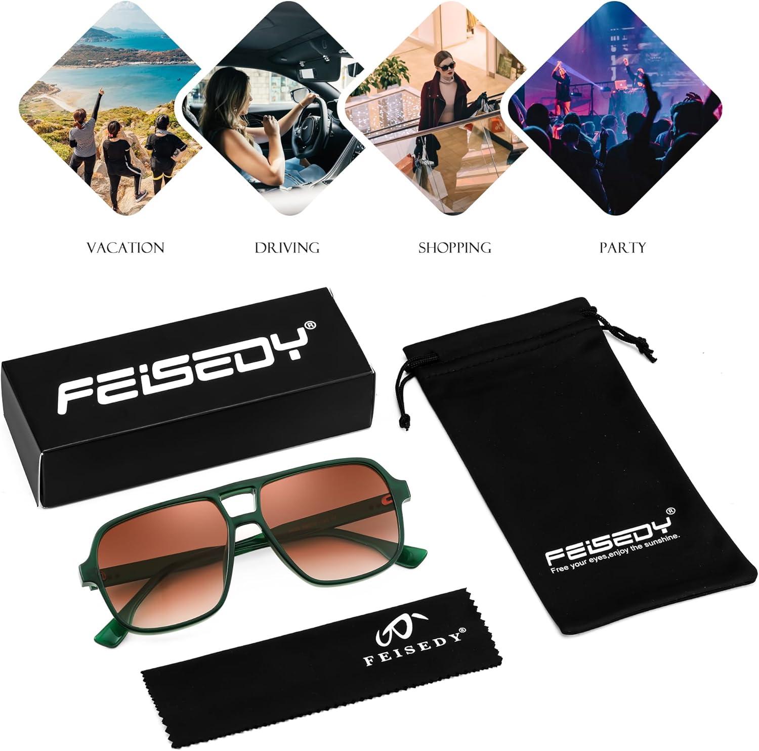 image:imageFEISEDY Retro Square Aviator Sunglasses Women Men 70s Vintage Trendy Plastic Frame Sun Glasses B4158Green FrameReddish Brown Gradient Lens
