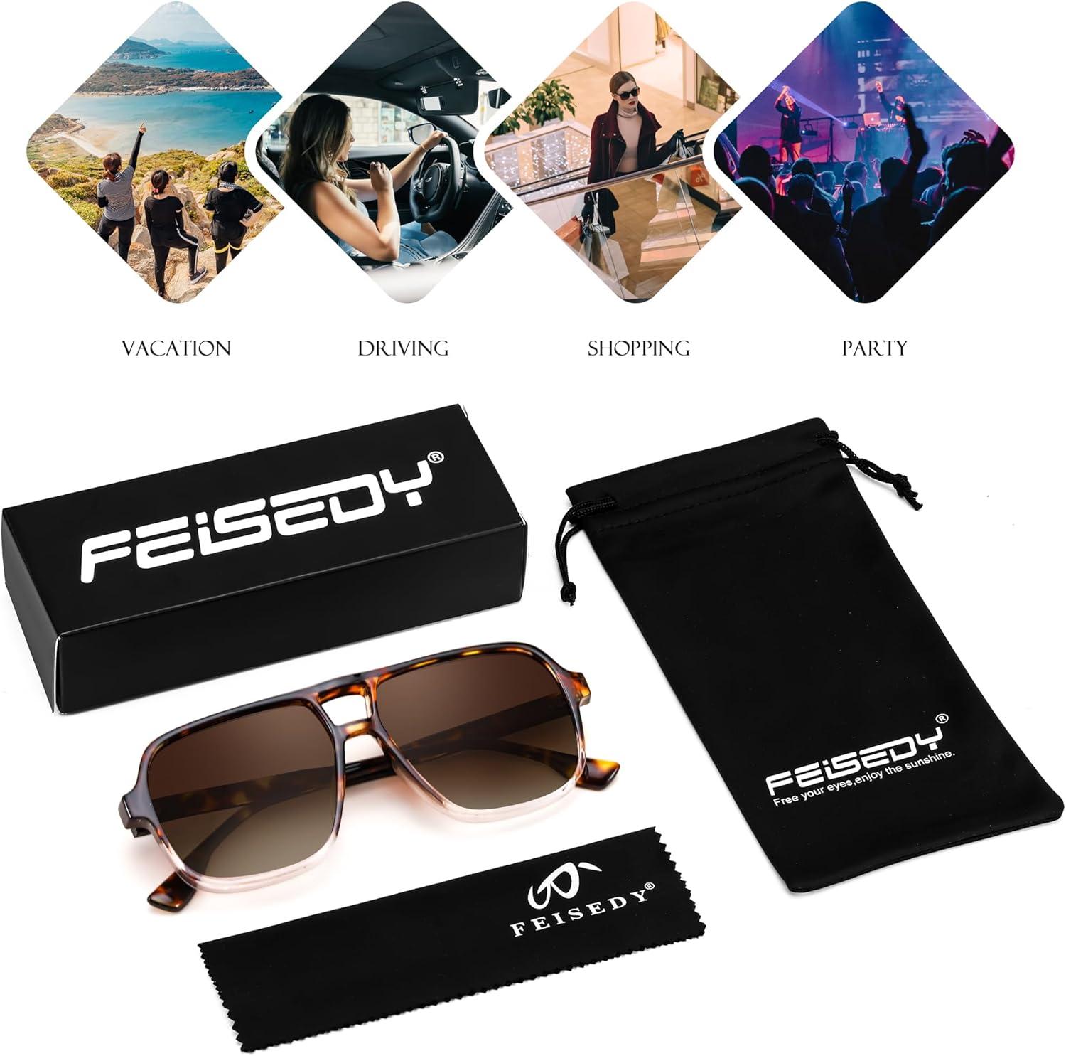 image:imageFEISEDY Retro Square Aviator Sunglasses Women Men 70s Vintage Trendy Plastic Frame Sun Glasses B4158Leopard Clear FrameGradual Tea Lens