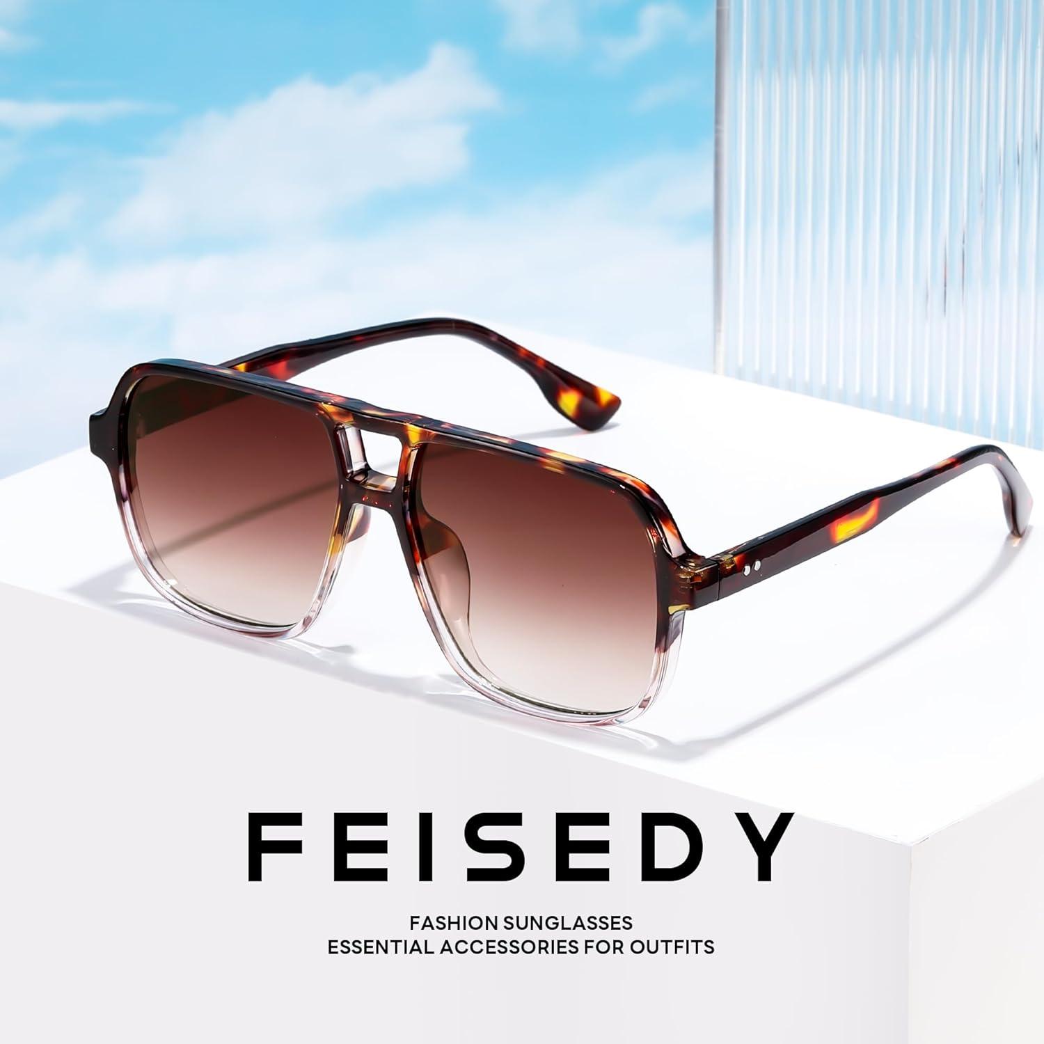 image:imageFEISEDY Retro Square Aviator Sunglasses Women Men 70s Vintage Trendy Plastic Frame Sun Glasses B4158Leopard Clear FrameGradual Tea Lens