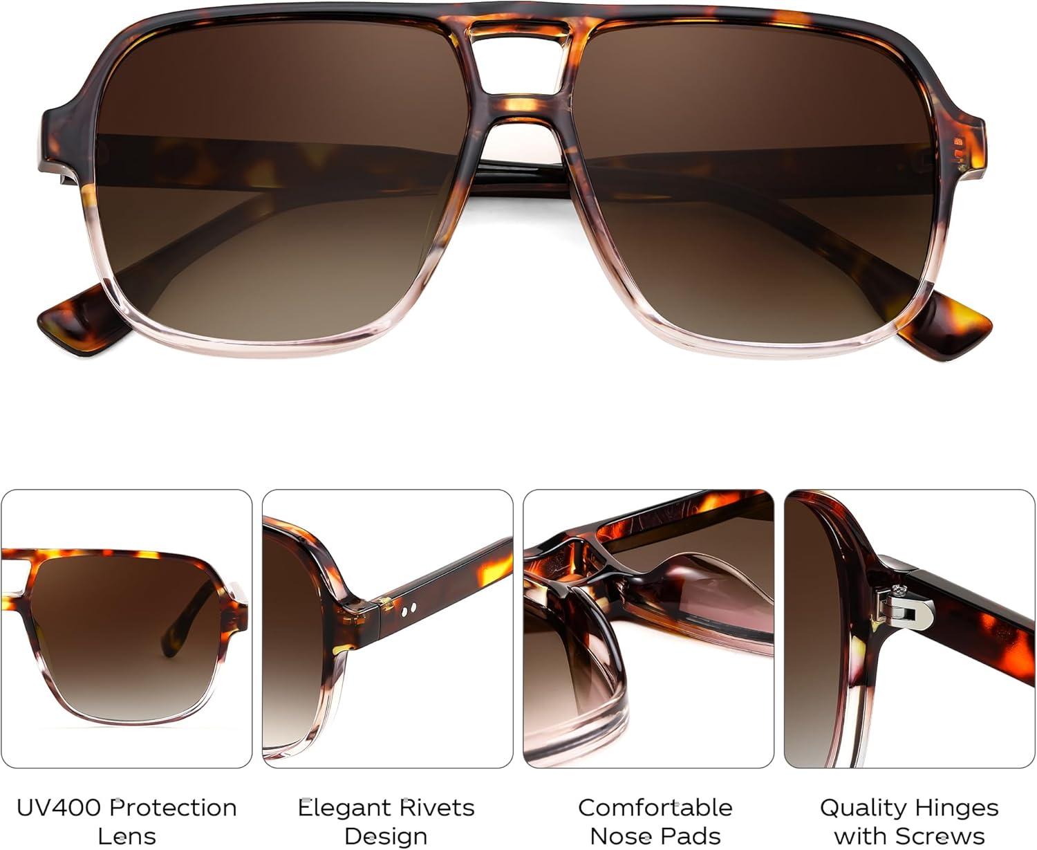image:imageFEISEDY Retro Square Aviator Sunglasses Women Men 70s Vintage Trendy Plastic Frame Sun Glasses B4158Leopard Clear FrameGradual Tea Lens