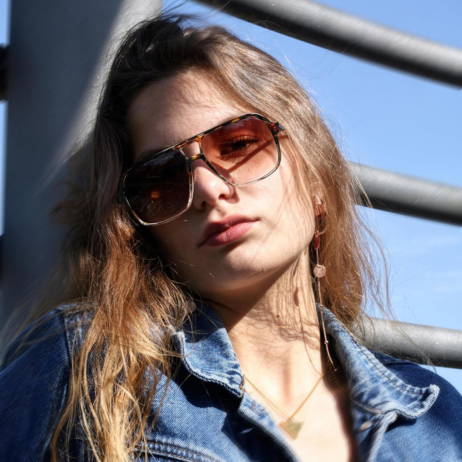 image:imageFEISEDY Retro Square Aviator Sunglasses Women Men 70s Vintage Trendy Plastic Frame Sun Glasses B4158Leopard Clear FrameGradual Tea Lens