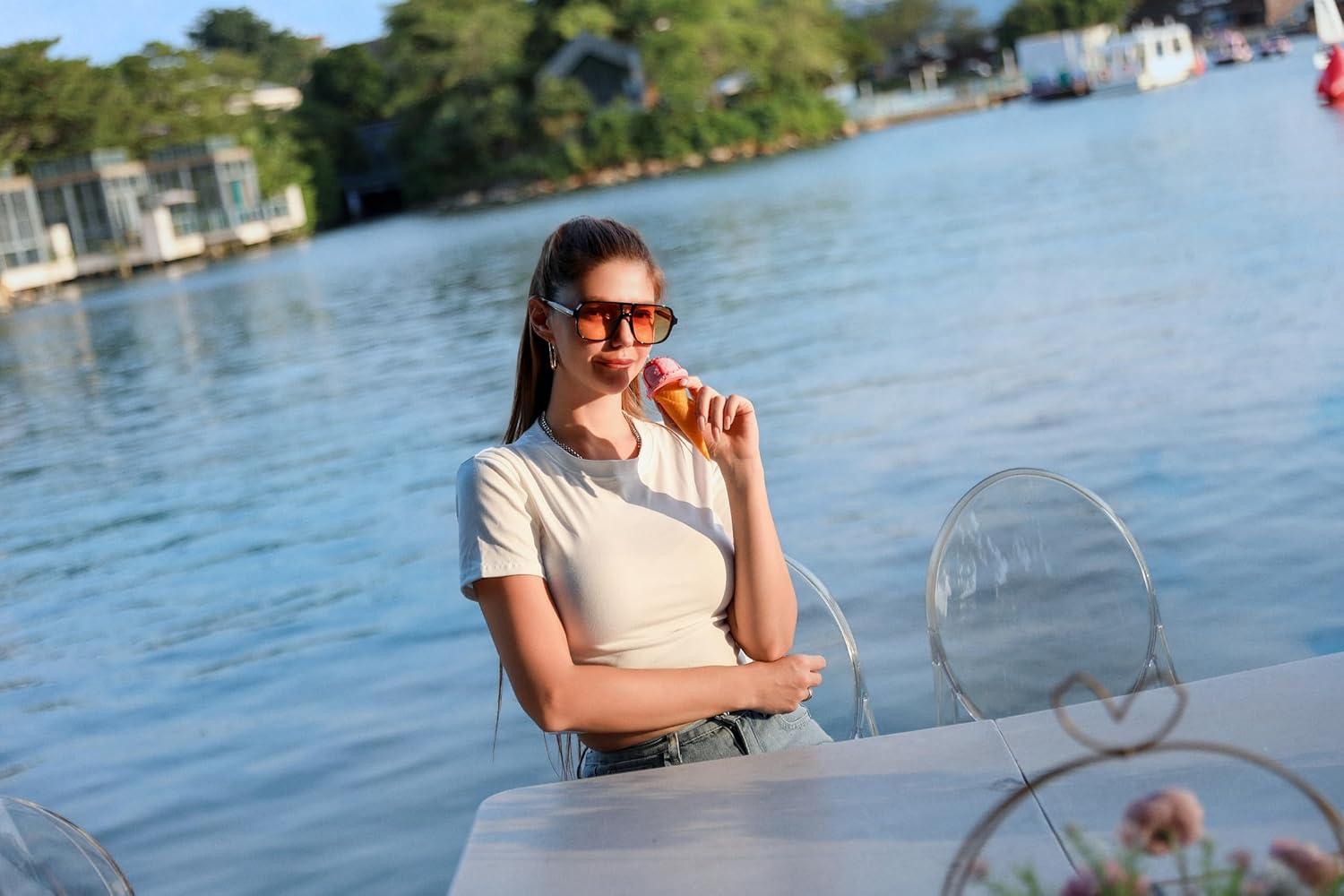 image:imageFEISEDY Retro Square Aviator Sunglasses Women Men 70s Vintage Trendy Plastic Frame Sun Glasses B4158Orange Black
