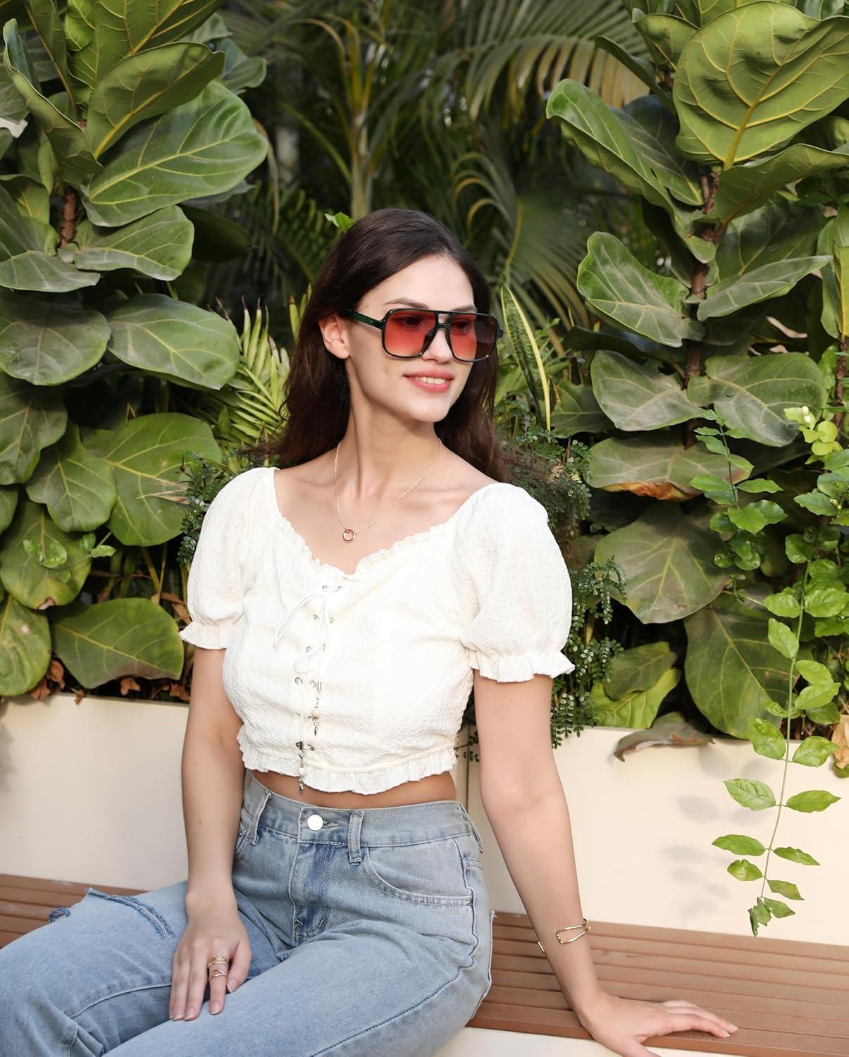 image:imageFEISEDY Retro Square Aviator Sunglasses Women Men 70s Vintage Trendy Plastic Frame Sun Glasses B4158Orange Green