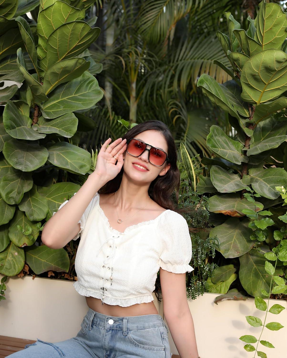 image:imageFEISEDY Retro Square Aviator Sunglasses Women Men 70s Vintage Trendy Plastic Frame Sun Glasses B4158Orange Green