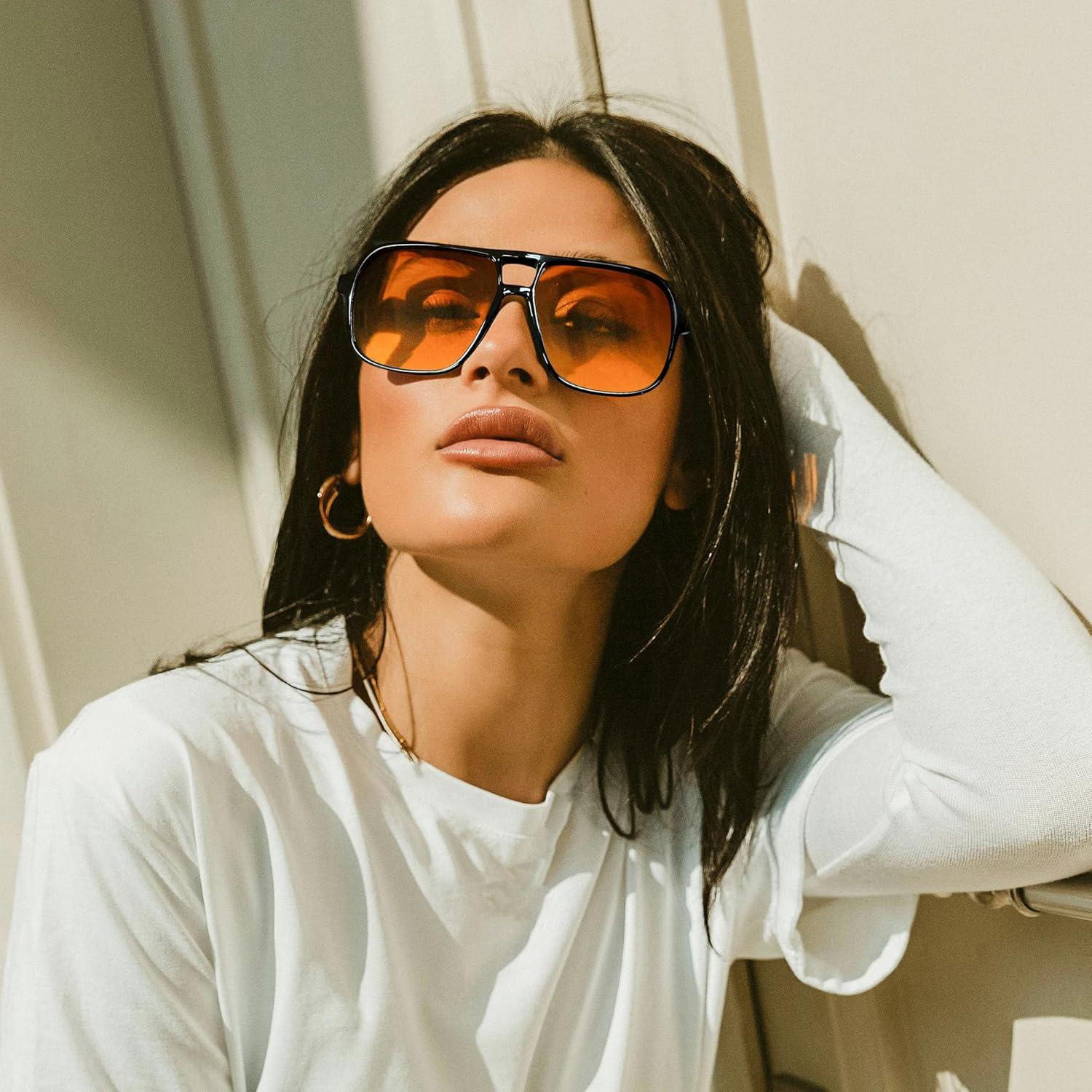 image:imageFEISEDY Retro Square Aviator Sunglasses Women Men 70s Vintage Trendy Plastic Frame Sun Glasses B4158Orange Tortoise