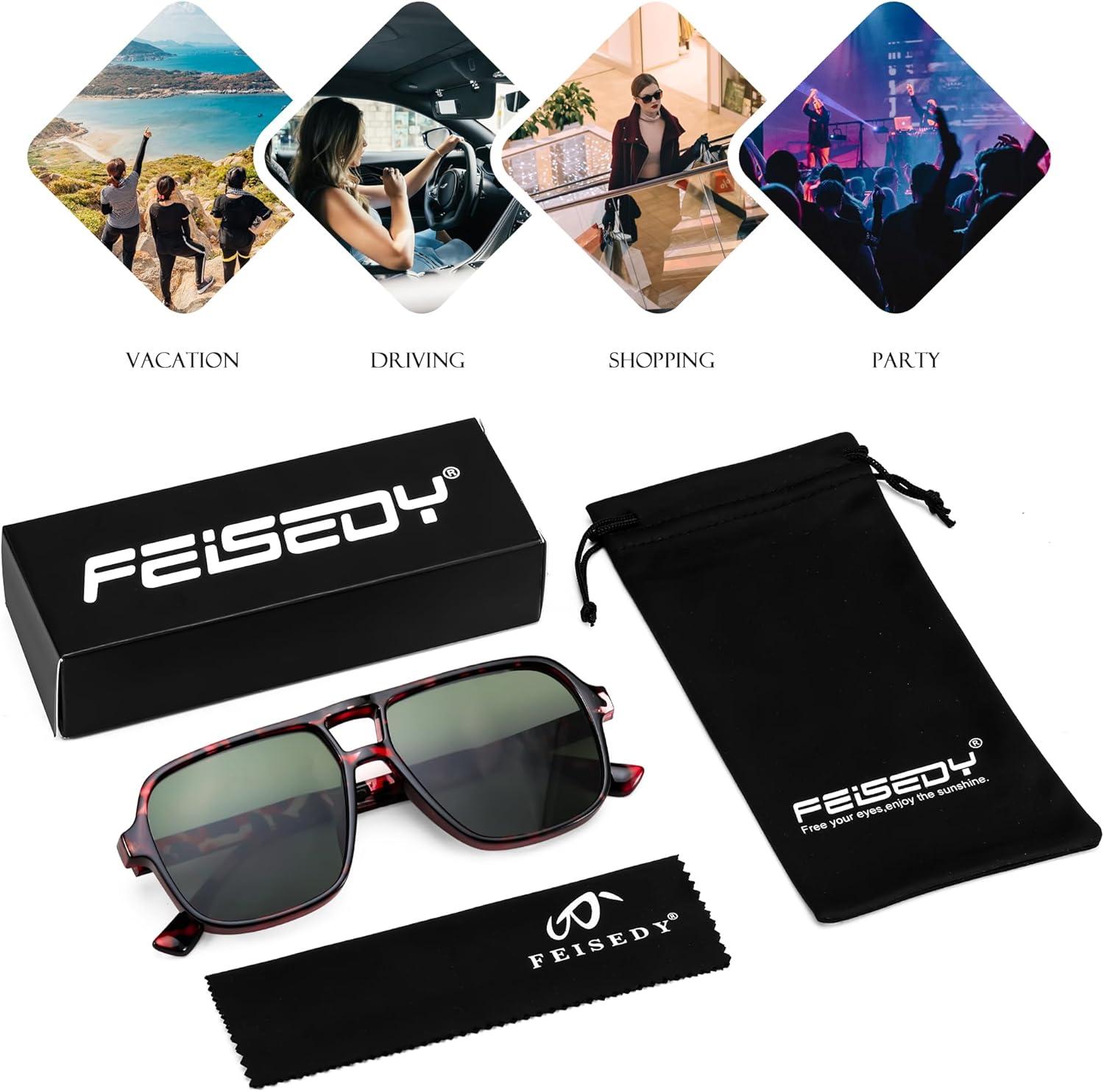 image:imageFEISEDY Retro Square Aviator Sunglasses Women Men 70s Vintage Trendy Plastic Frame Sun Glasses B4158Tortoise FrameGreen Lens