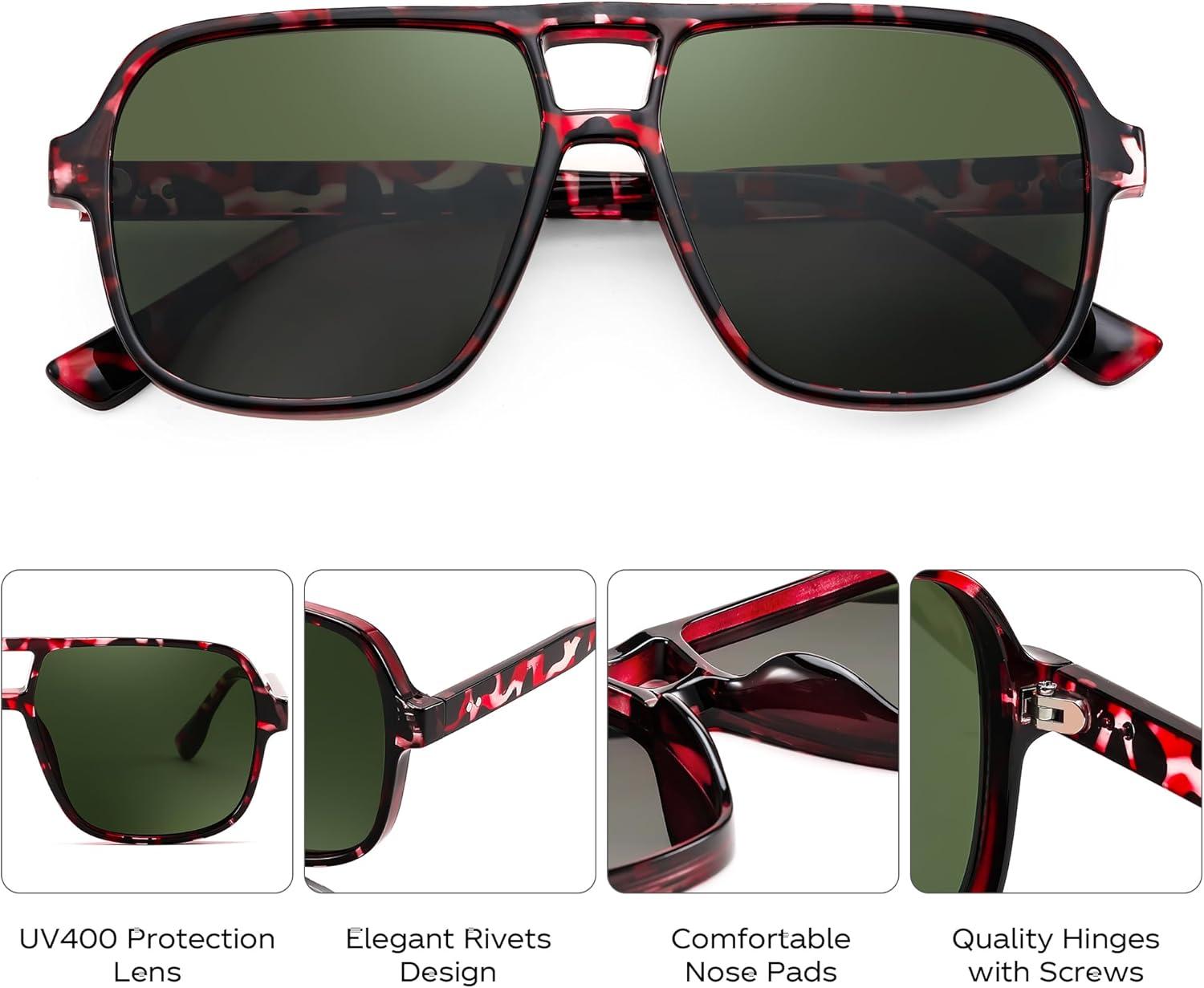 image:imageFEISEDY Retro Square Aviator Sunglasses Women Men 70s Vintage Trendy Plastic Frame Sun Glasses B4158Tortoise FrameGreen Lens
