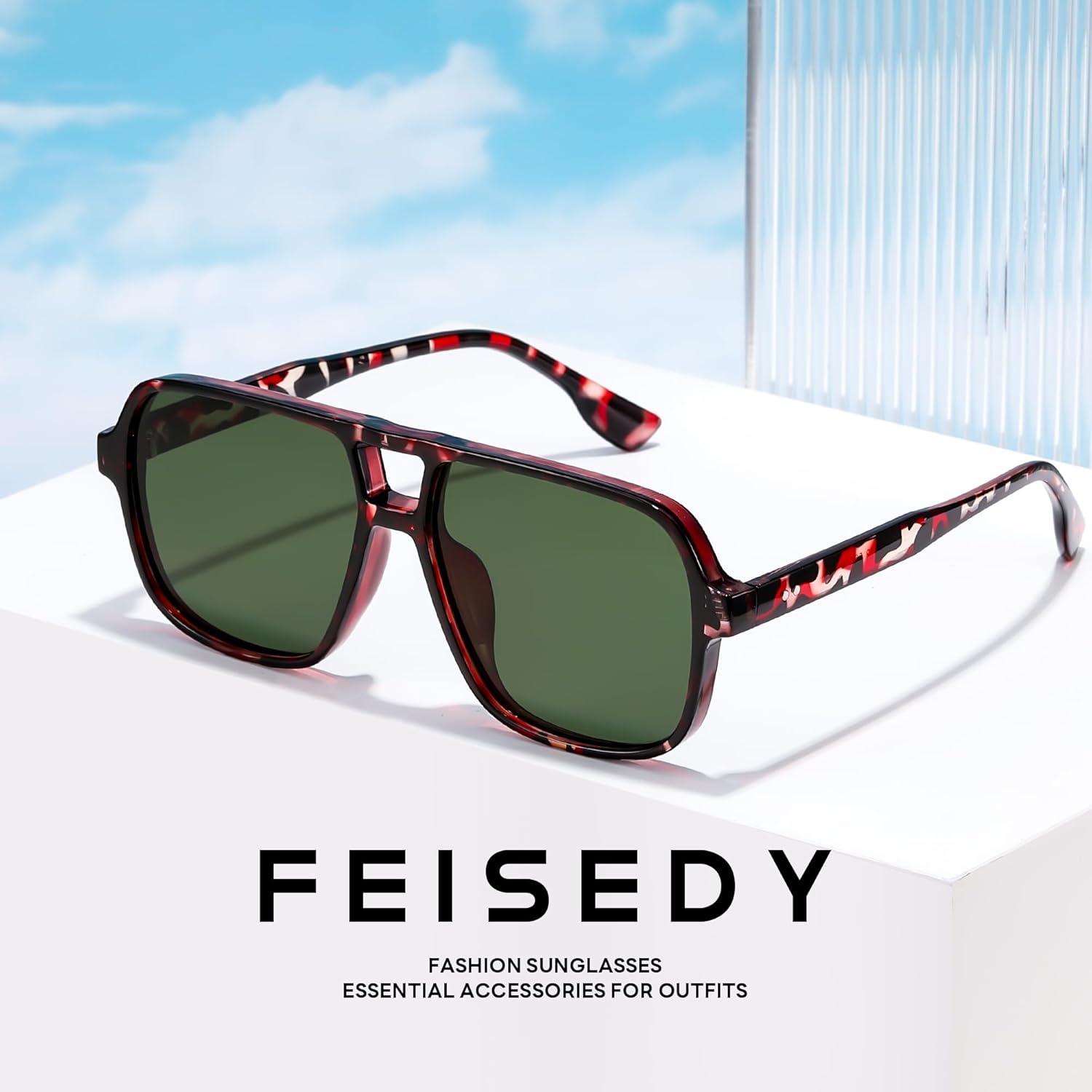 image:imageFEISEDY Retro Square Aviator Sunglasses Women Men 70s Vintage Trendy Plastic Frame Sun Glasses B4158Tortoise FrameGreen Lens