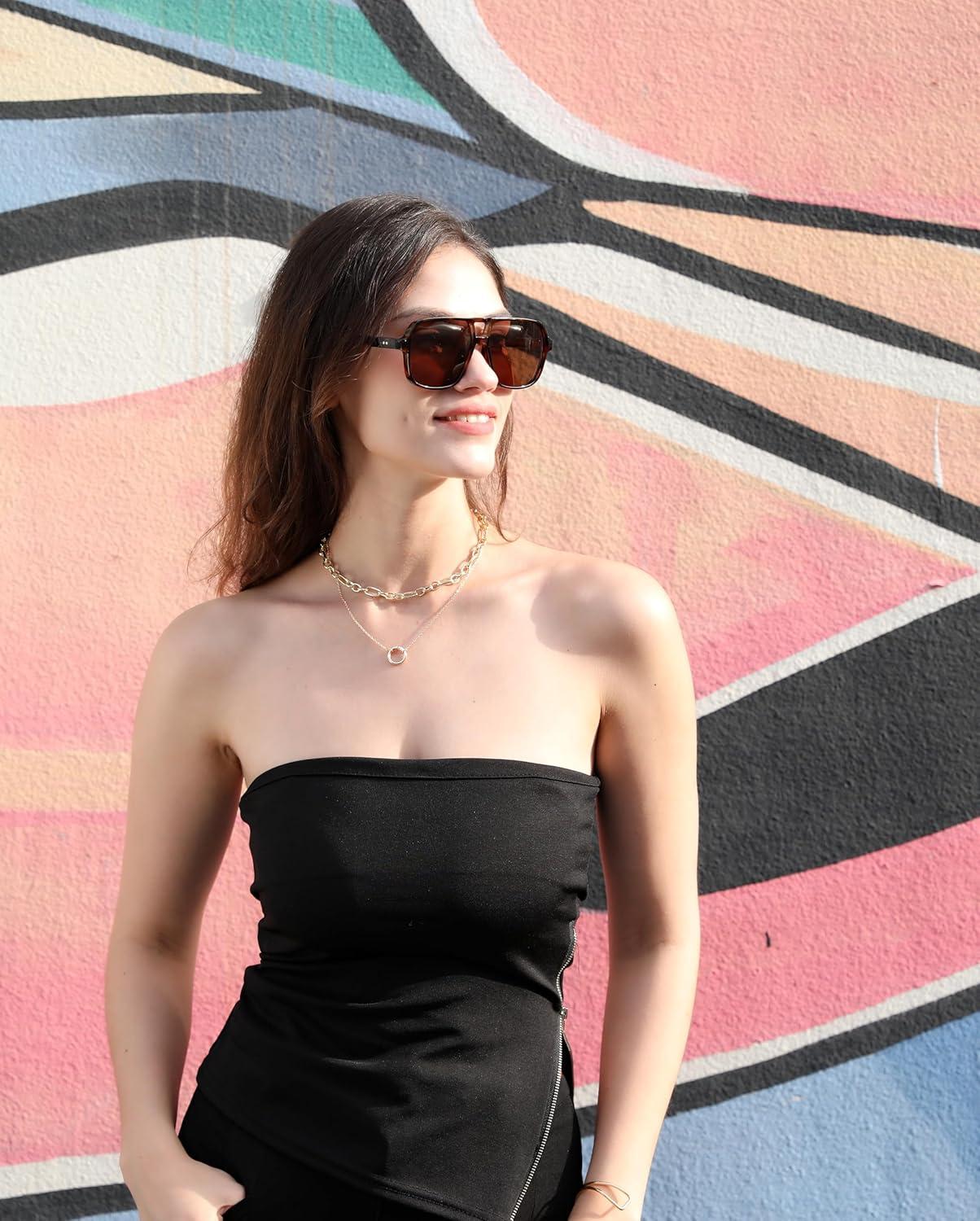 image:imageFEISEDY Retro Square Aviator Sunglasses Women Men 70s Vintage Trendy Plastic Frame Sun Glasses B4158Transparent Green Tortoise