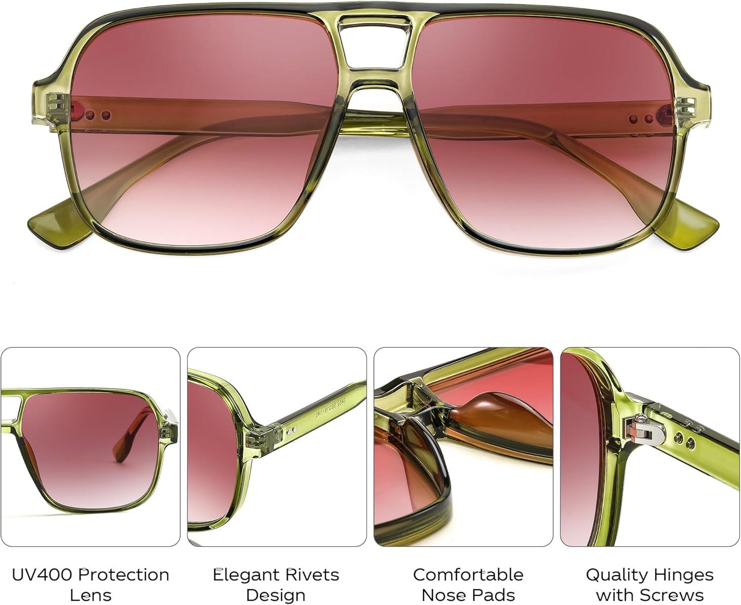 image:imageFEISEDY Retro Square Aviator Sunglasses Women Men 70s Vintage Trendy Plastic Frame Sun Glasses B4158Transparent Green FramePink Lens