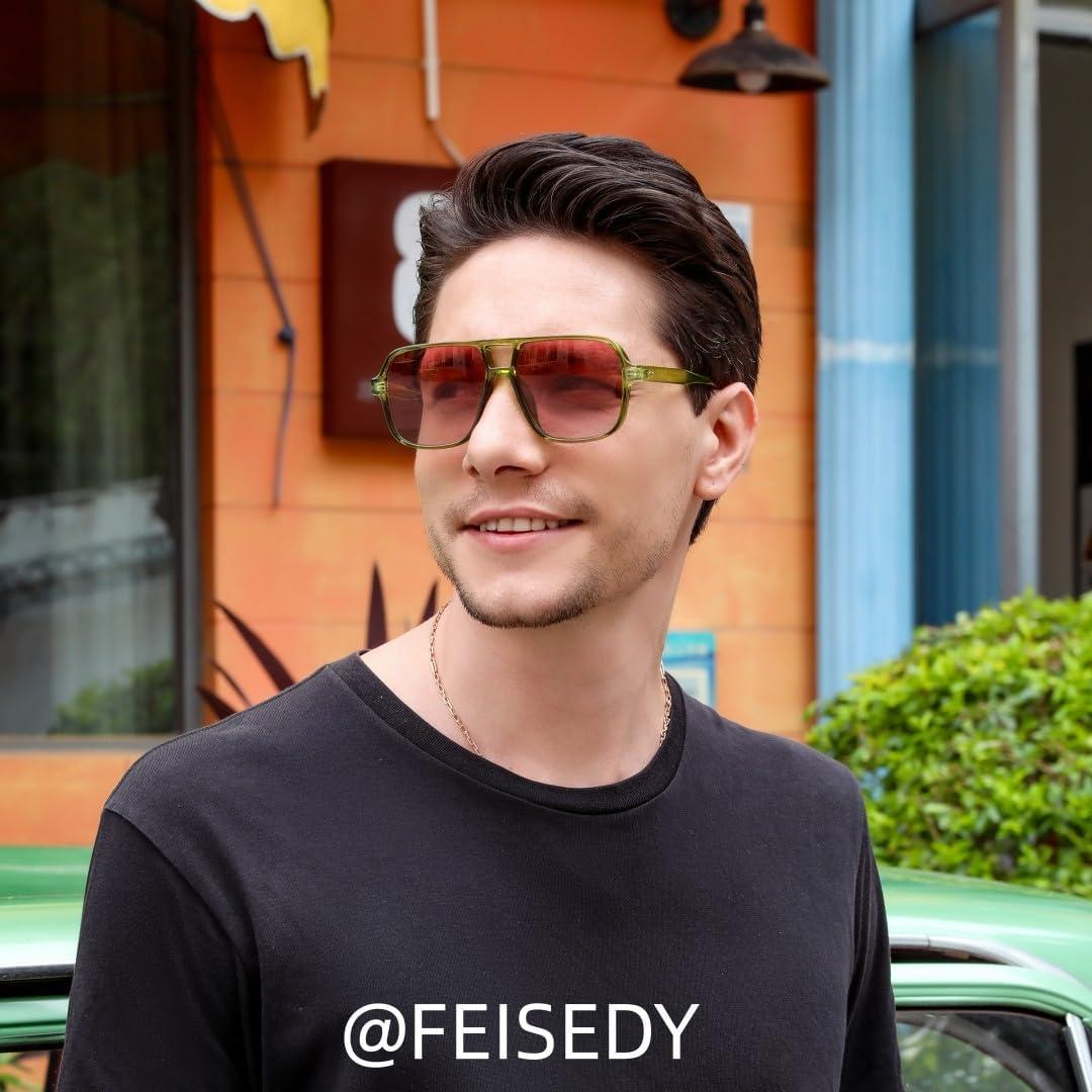 image:imageFEISEDY Retro Square Aviator Sunglasses Women Men 70s Vintage Trendy Plastic Frame Sun Glasses B4158Transparent Green FramePink Lens