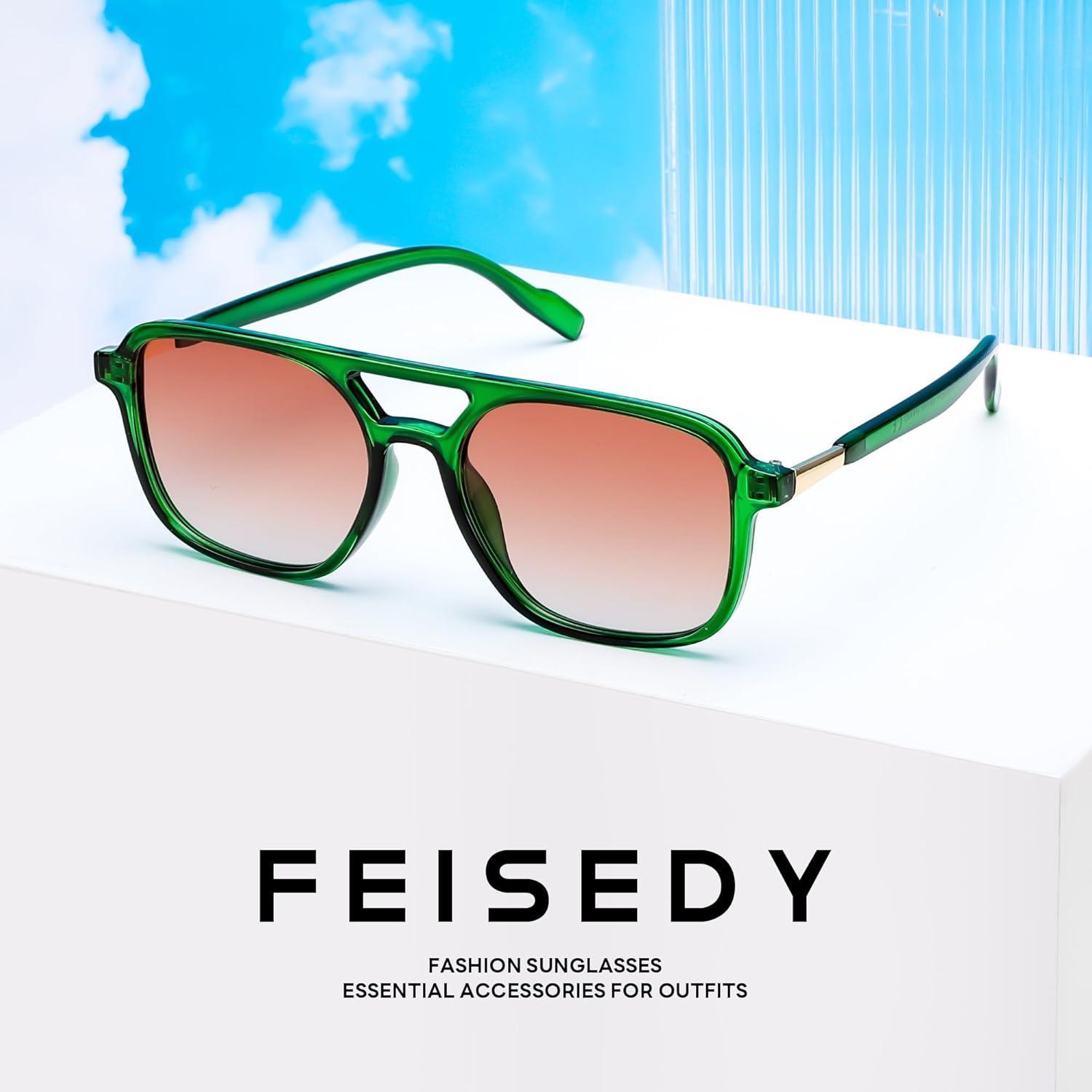 image:imageFEISEDY Retro Square Aviator Sunglasses Women Men 70s Vintage Trendy Plastic Frame Sun Glasses B4158Transparent Green FrameReddish Brown Gradient Lens