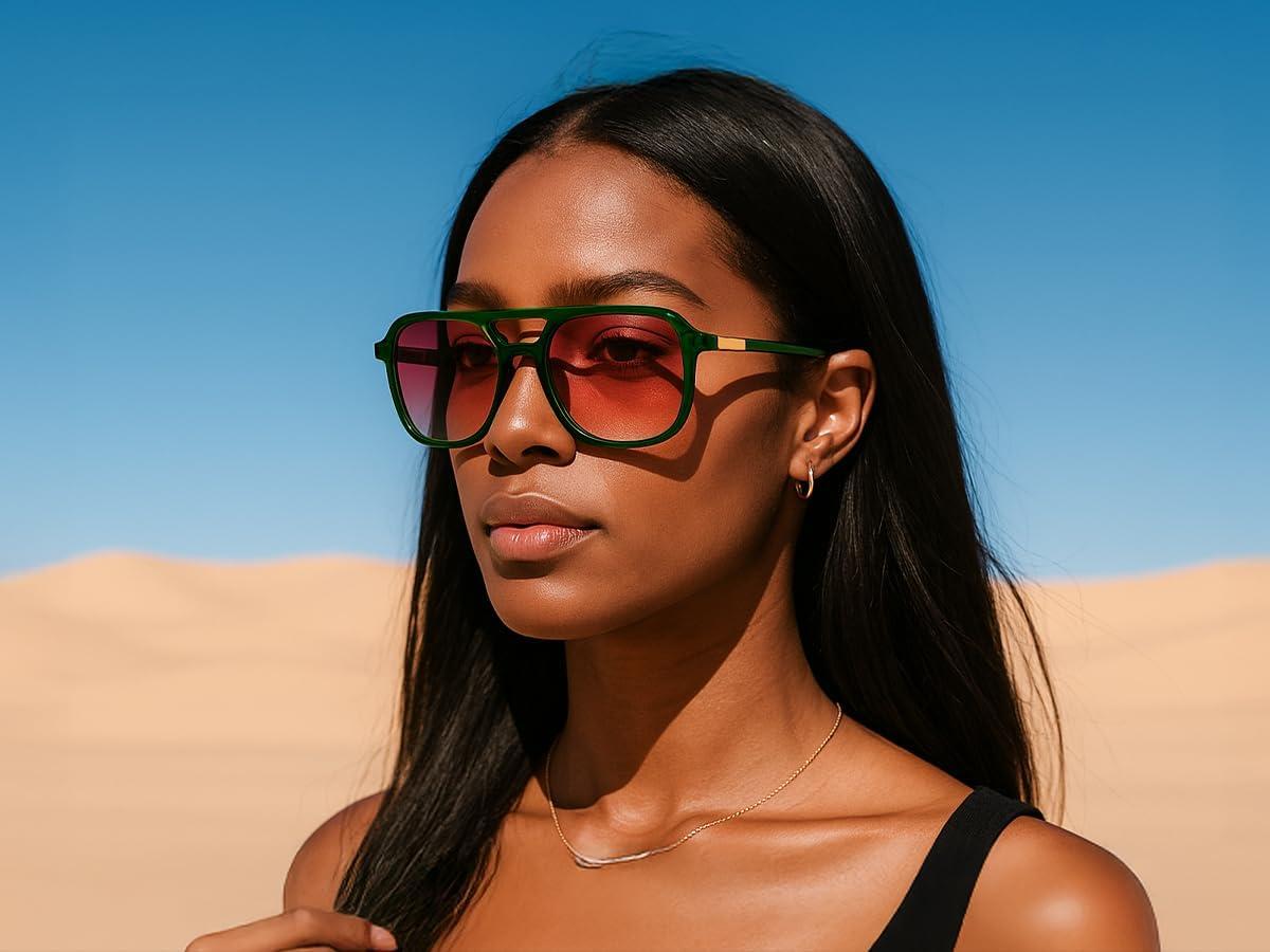 image:imageFEISEDY Retro Square Aviator Sunglasses Women Men 70s Vintage Trendy Plastic Frame Sun Glasses B4158Transparent Green FrameReddish Brown Gradient Lens