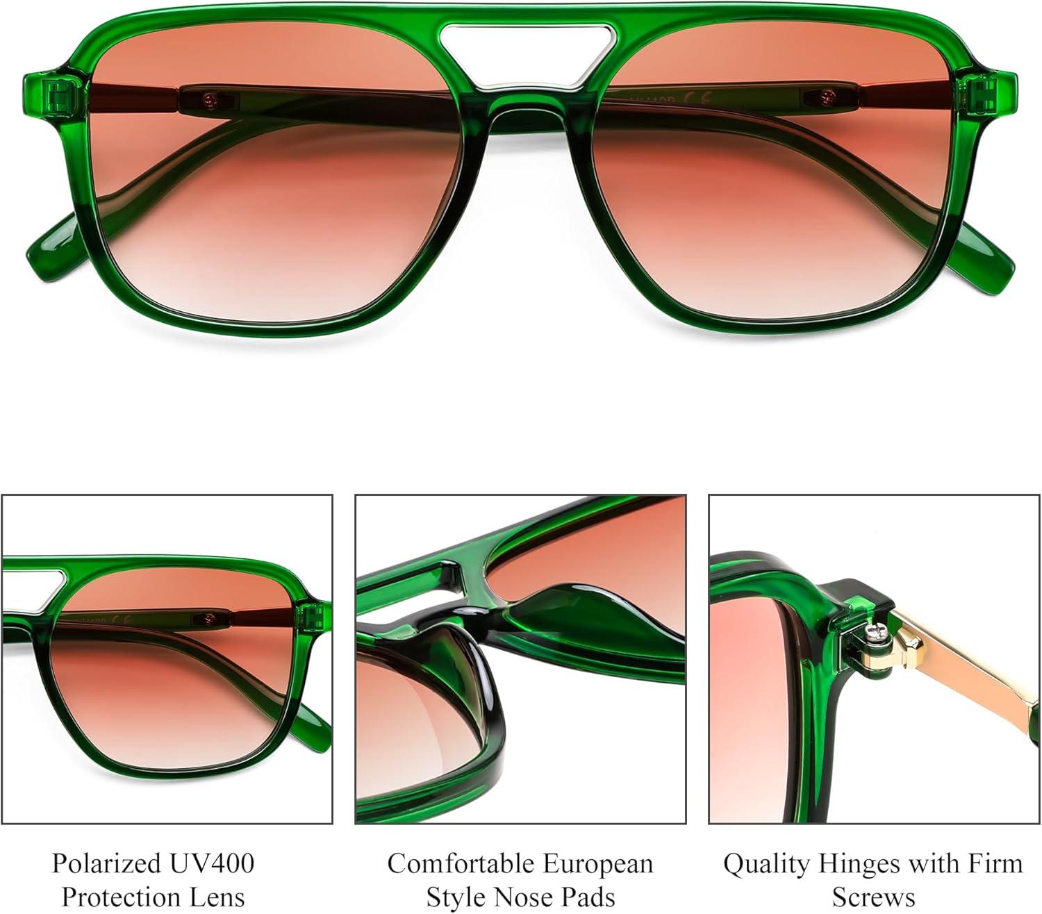 image:imageFEISEDY Retro Square Aviator Sunglasses Women Men 70s Vintage Trendy Plastic Frame Sun Glasses B4158Transparent Green FrameReddish Brown Gradient Lens