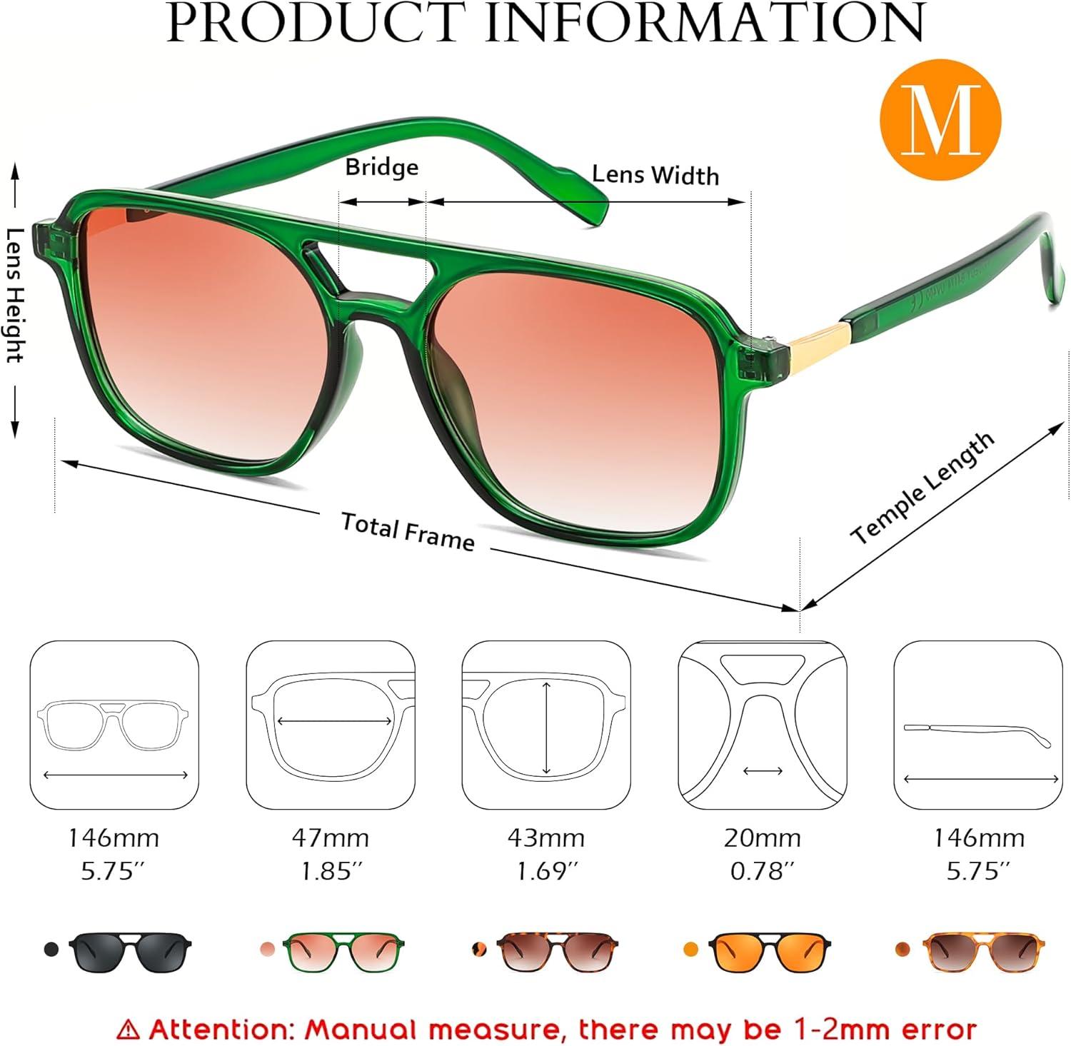 image:imageFEISEDY Retro Square Aviator Sunglasses Women Men 70s Vintage Trendy Plastic Frame Sun Glasses B4158Transparent Green FrameReddish Brown Gradient Lens