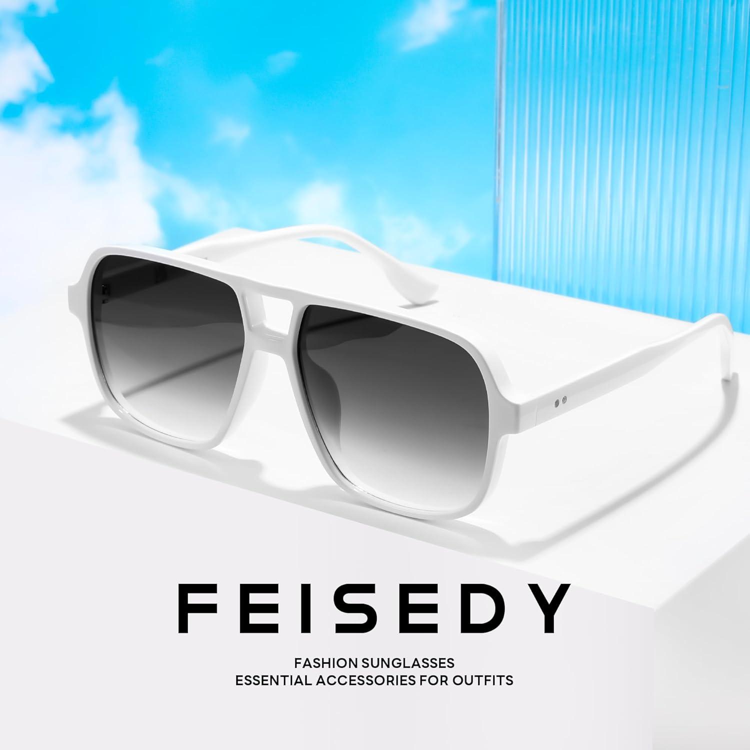 image:imageFEISEDY Retro Square Aviator Sunglasses Women Men 70s Vintage Trendy Plastic Frame Sun Glasses B4158White