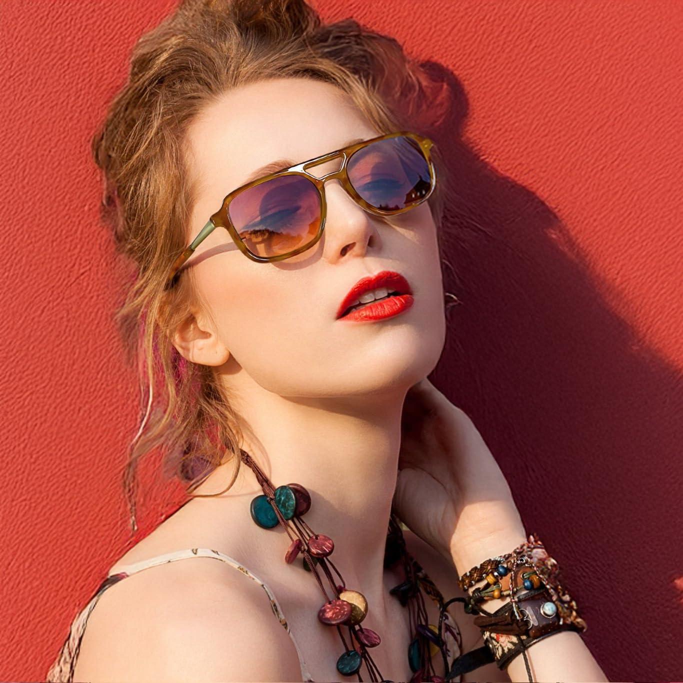 image:imageFEISEDY Retro Square Aviator Sunglasses Women Men 70s Vintage Trendy Plastic Frame Sun Glasses B4158Yellow Tortoise Black