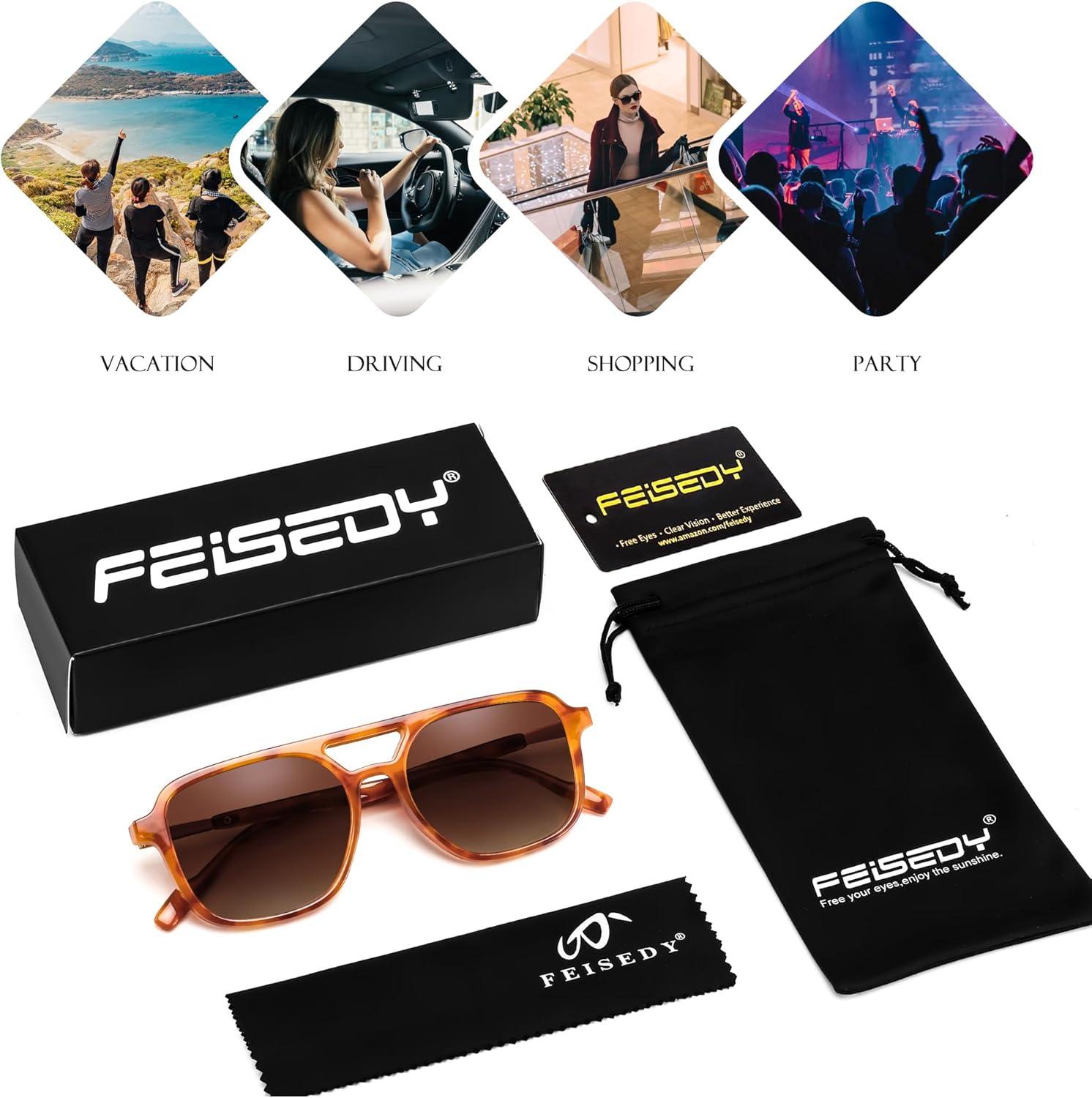 image:imageFEISEDY Retro Square Aviator Sunglasses Women Men 70s Vintage Trendy Plastic Frame Sun Glasses B4158Yellow Tortoise FrameGradient Tea Lens