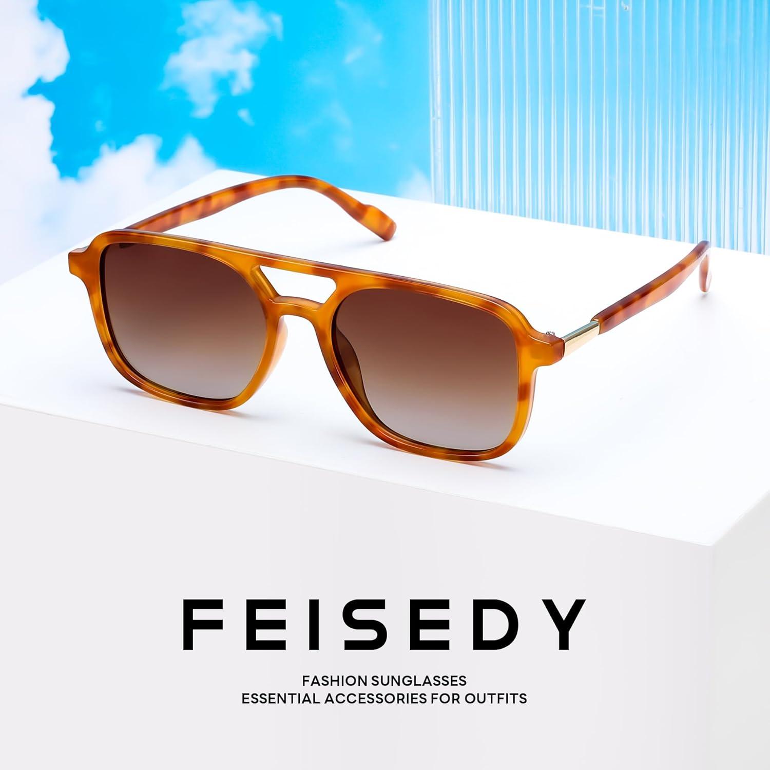image:imageFEISEDY Retro Square Aviator Sunglasses Women Men 70s Vintage Trendy Plastic Frame Sun Glasses B4158Yellow Tortoise FrameGradient Tea Lens