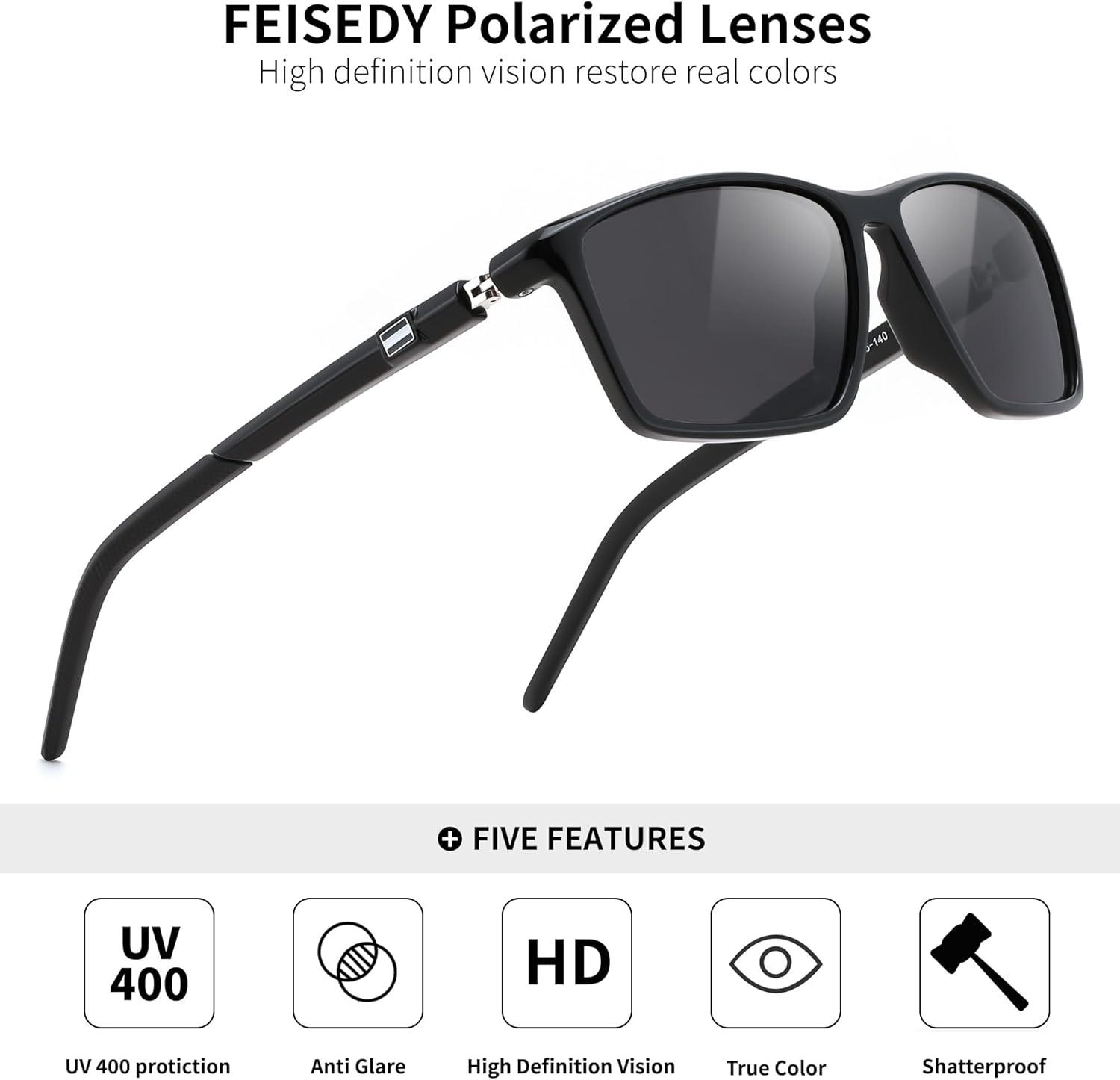 image:imageFEISEDY Square Sunglasses For Men Women Retro Trendy Rectangle Classic Sunglasses Fashion Vintage Frame Polarized UV400 B0288BlackBlack