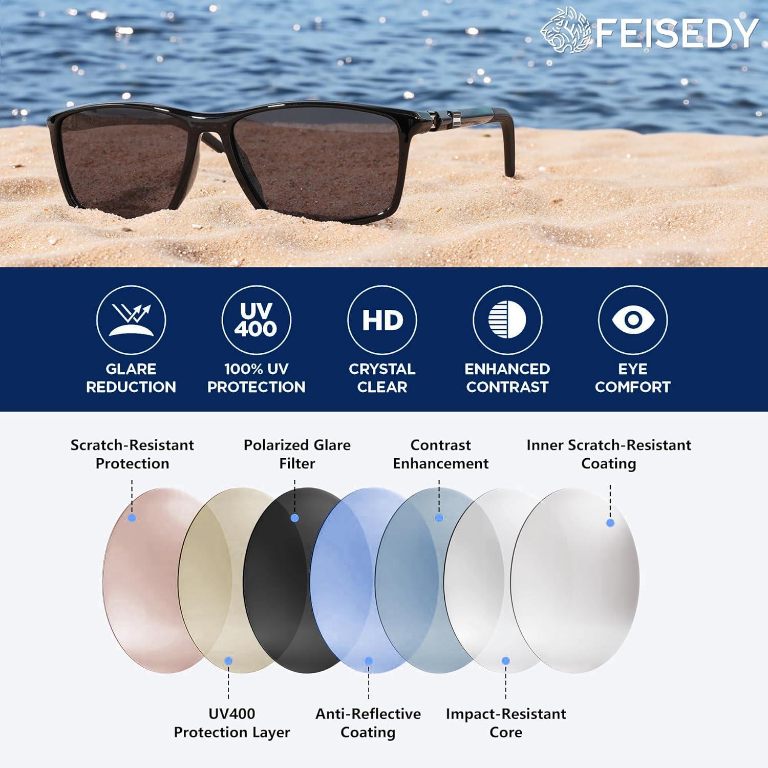 image:imageFEISEDY Square Sunglasses For Men Women Retro Trendy Rectangle Classic Sunglasses Fashion Vintage Frame Polarized UV400 B0288BlackBlack