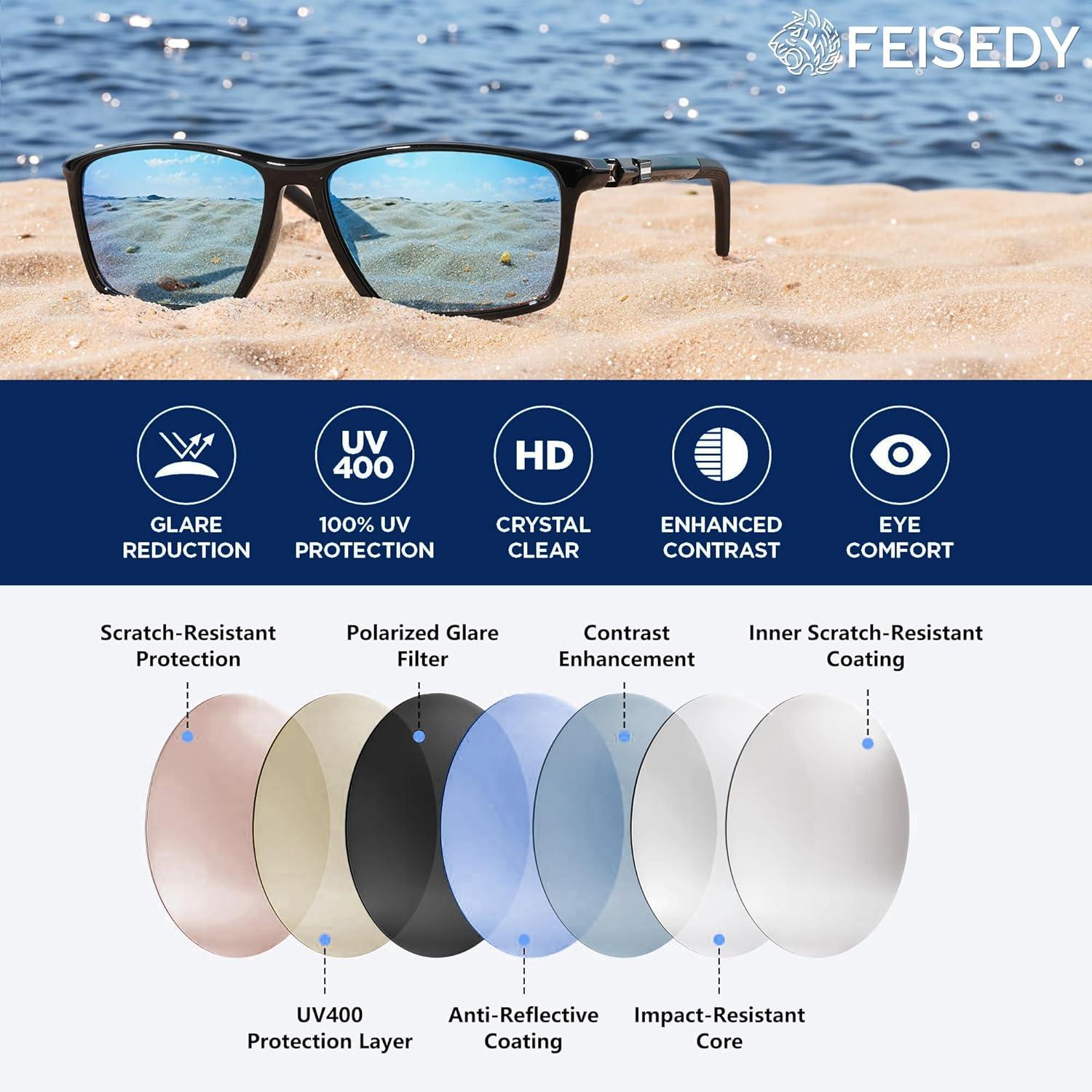 image:imageFEISEDY Square Sunglasses For Men Women Retro Trendy Rectangle Classic Sunglasses Fashion Vintage Frame Polarized UV400 B0288BlackBlue