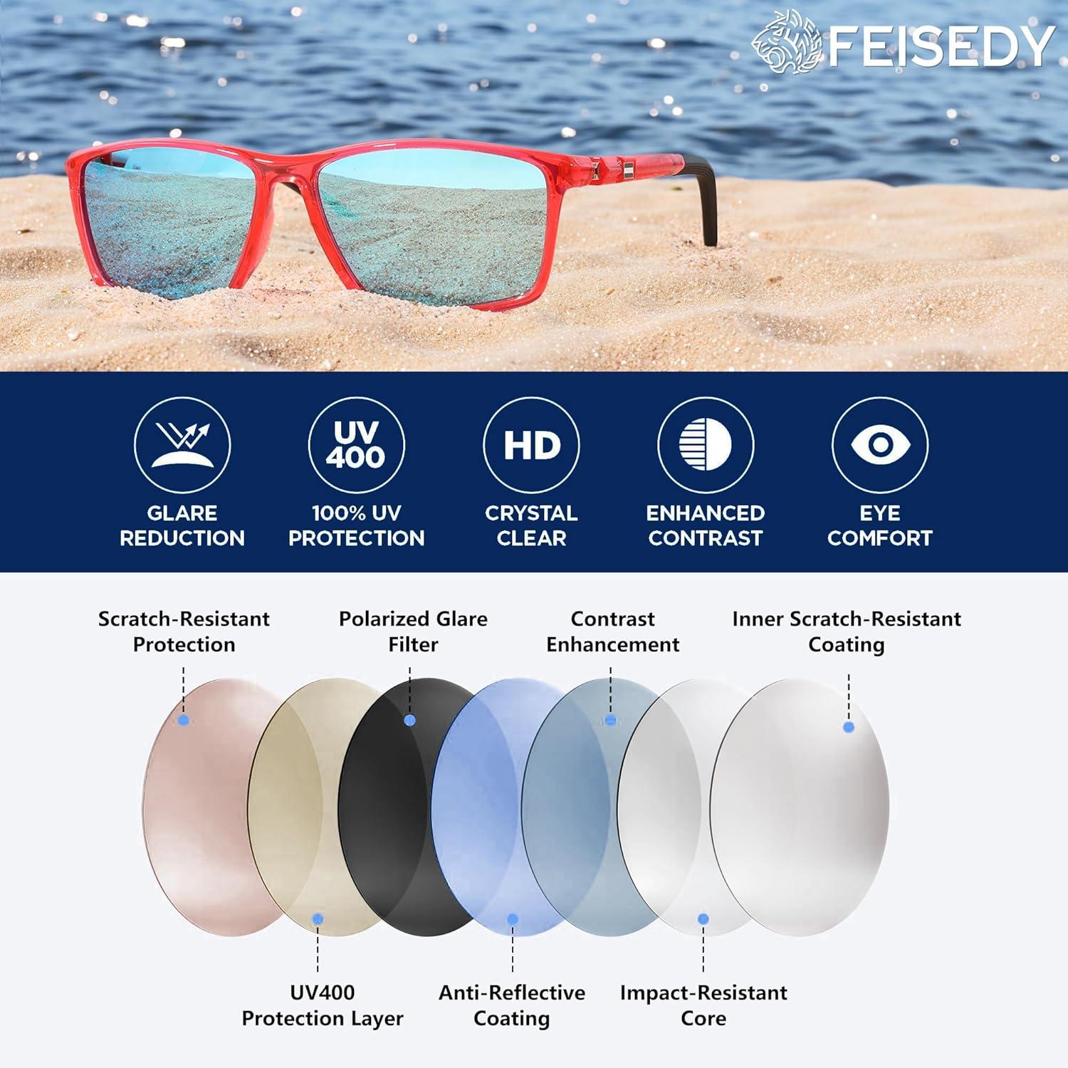 image:imageFEISEDY Square Sunglasses For Men Women Retro Trendy Rectangle Classic Sunglasses Fashion Vintage Frame Polarized UV400 B0288Flamingo RedBlue Lenses