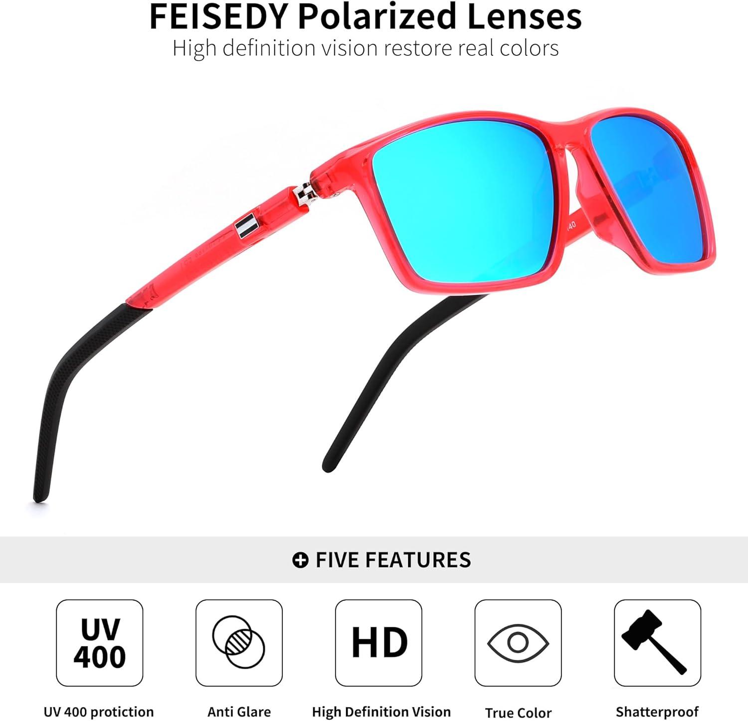 image:imageFEISEDY Square Sunglasses For Men Women Retro Trendy Rectangle Classic Sunglasses Fashion Vintage Frame Polarized UV400 B0288Flamingo RedBlue Lenses