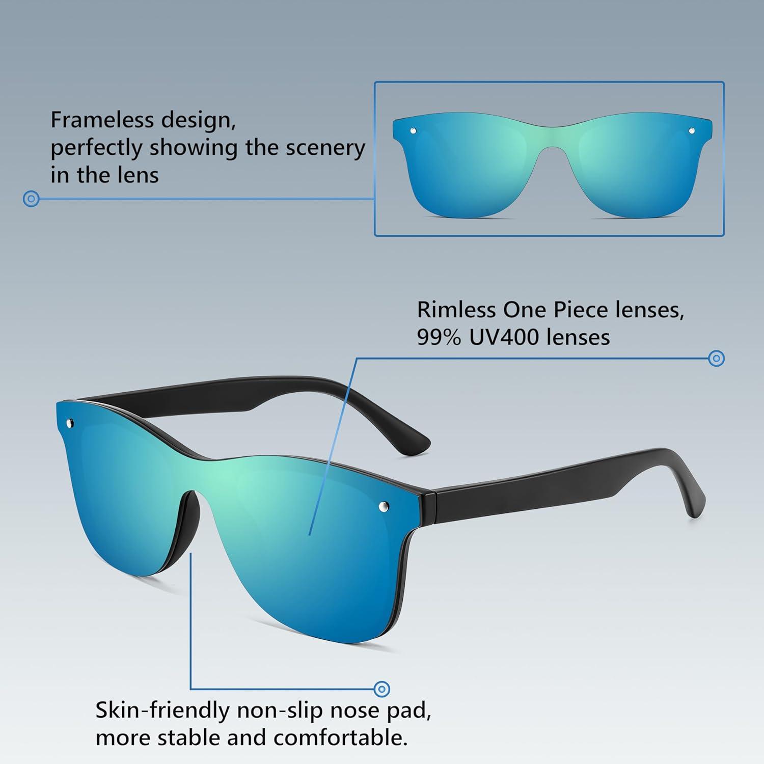 image:imageFEISEDY Trendy Rimless Mirrored One Piece Lens Sunglasses Reflective Sun Glasses B4155Black FrameBlue Mirror Lens