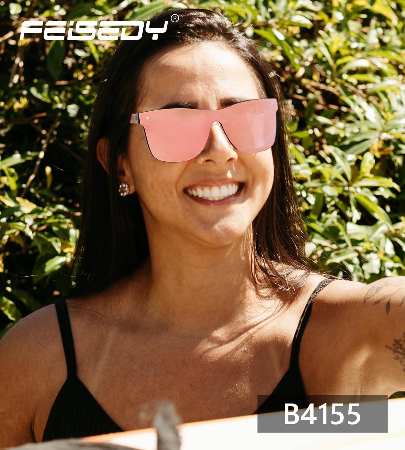 image:imageFEISEDY Trendy Rimless Mirrored One Piece Lens Sunglasses Reflective Sun Glasses B4155Pink FramePink Mirror Lens
