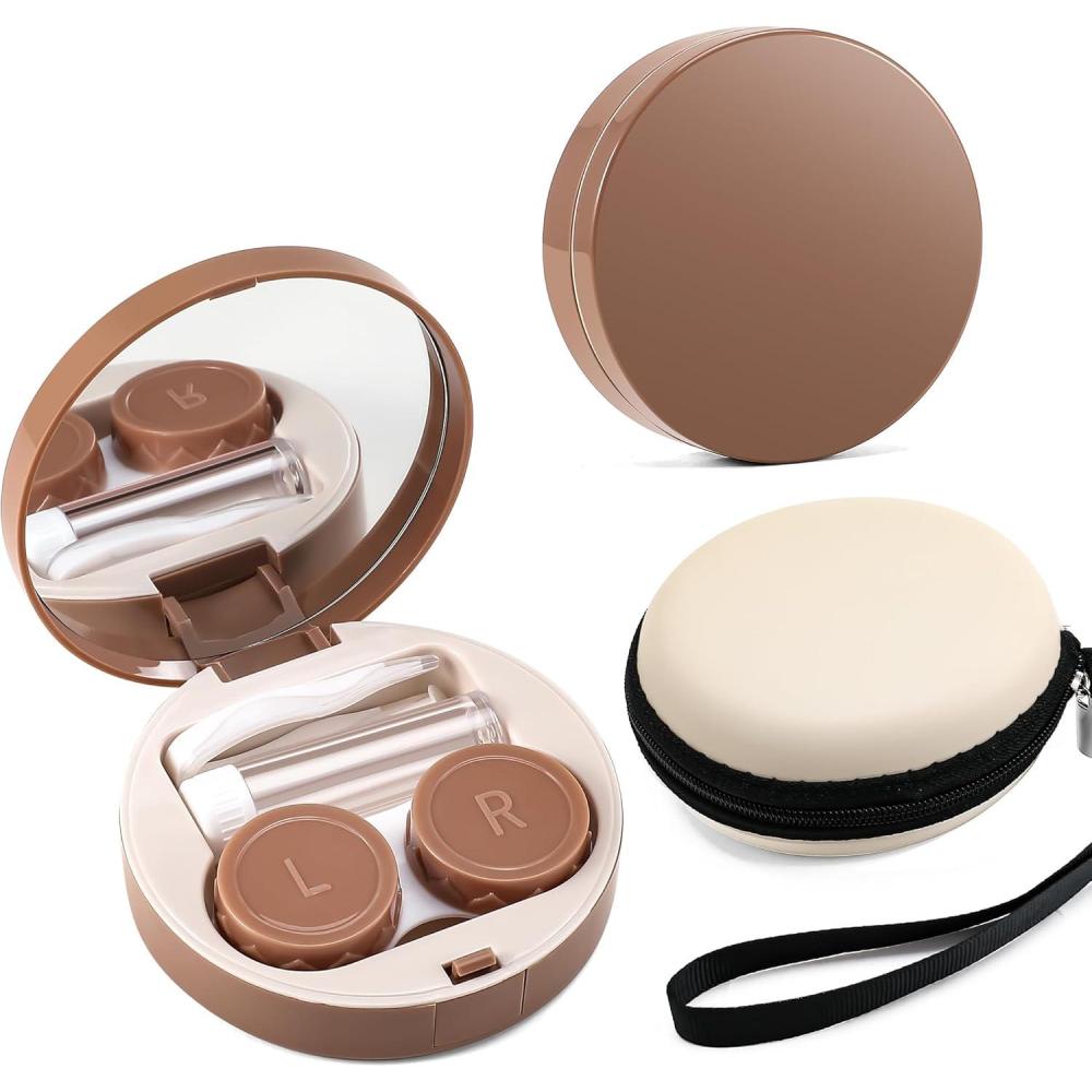 image:imageFEISEDY Contact Lens Case Fashion Portable Contacts Lens Box with Mirror Tweezers Remover Tool Solution Bottle for Travel B0072Khaki