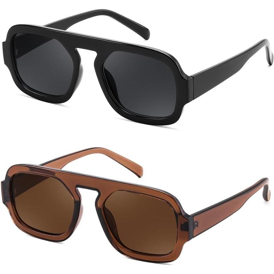 image:imageFEISEDY Retro Square Aviator Sunglasses Women Men 70s Vintage Trendy Plastic Frame Sun Glasses B41582 Pack Black  Brown