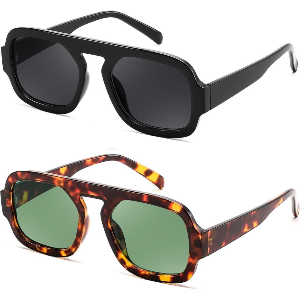 image:imageFEISEDY Retro Square Aviator Sunglasses Women Men 70s Vintage Trendy Plastic Frame Sun Glasses B41582 Pack Black TortoiseGreen