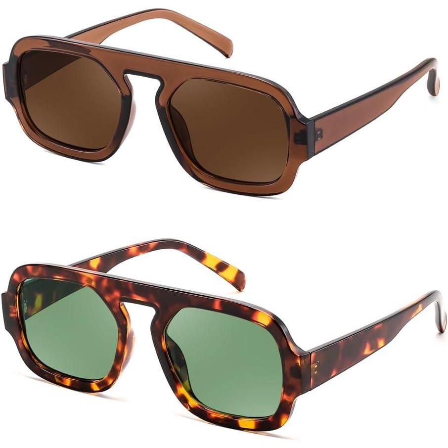 image:imageFEISEDY Retro Square Aviator Sunglasses Women Men 70s Vintage Trendy Plastic Frame Sun Glasses B41582 Pack Brown TortoiseGreen