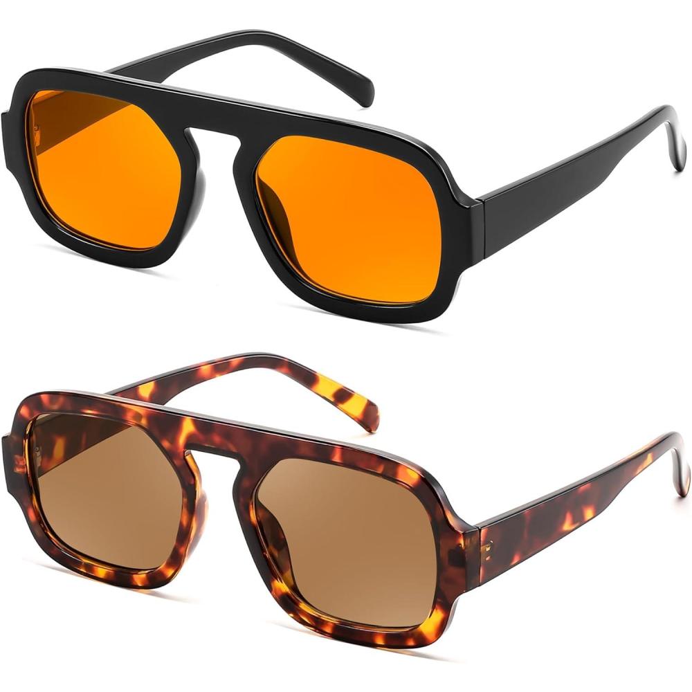 image:imageFEISEDY Retro Square Aviator Sunglasses Women Men 70s Vintage Trendy Plastic Frame Sun Glasses B41582 Pack Tortoise Yellow