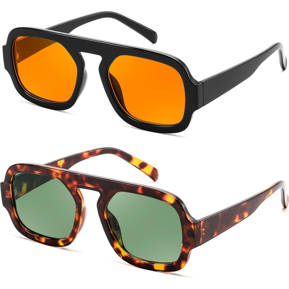 image:imageFEISEDY Retro Square Aviator Sunglasses Women Men 70s Vintage Trendy Plastic Frame Sun Glasses B41582 Pack Yellow  TortoiseGreen