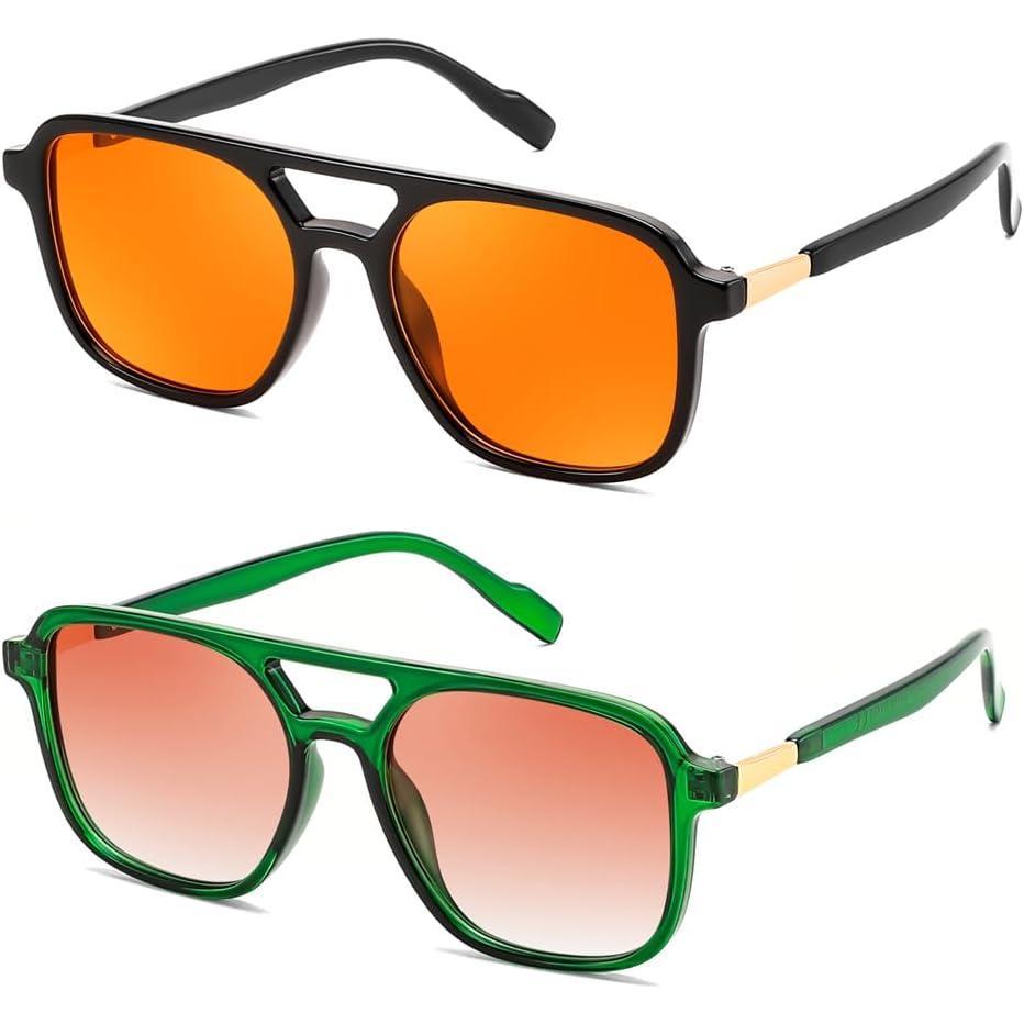 image:imageFEISEDY Retro Square Aviator Sunglasses Women Men 70s Vintage Trendy Plastic Frame Sun Glasses B4158Green  Orange