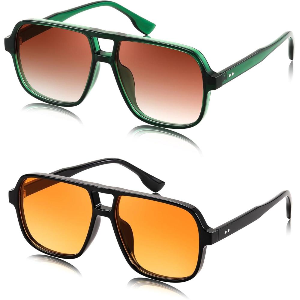 image:imageFEISEDY Retro Square Aviator Sunglasses Women Men 70s Vintage Trendy Plastic Frame Sun Glasses B4158Orange Green