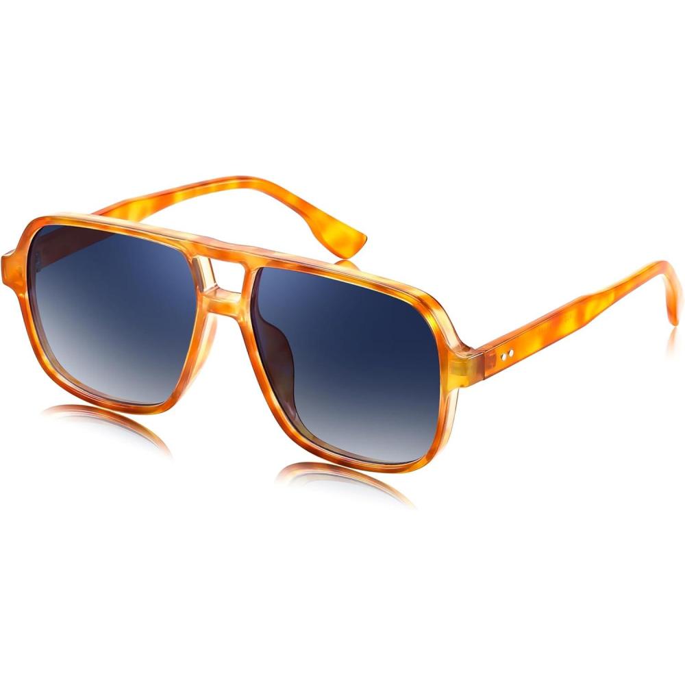 image:imageFEISEDY Retro Square Aviator Sunglasses Women Men 70s Vintage Trendy Plastic Frame Sun Glasses B4158Orange FrameGradual Blue Lens